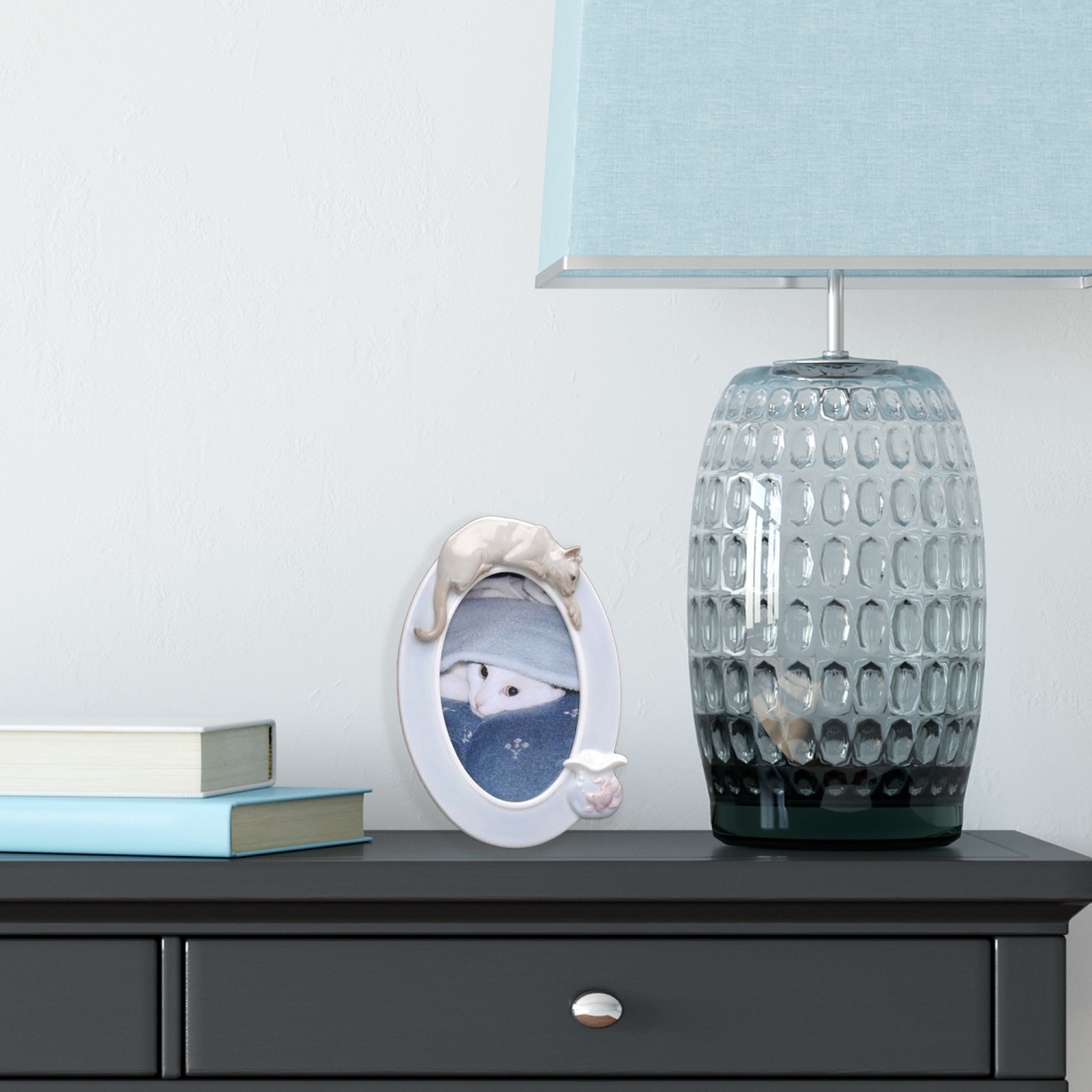 Cadre photo ovale en porcelaine, bol de chat et poisson, pour photo de 4 x 6 po