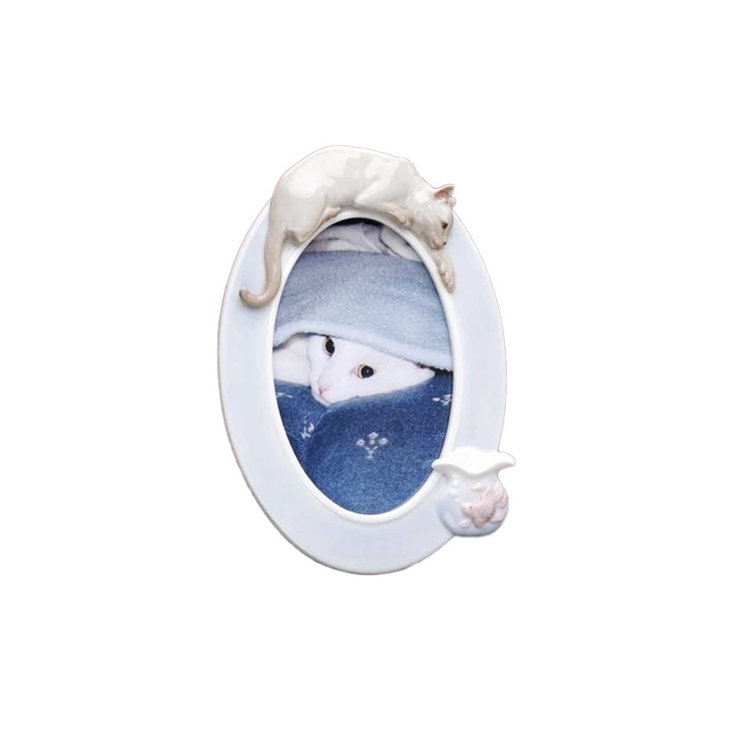 Cadre photo ovale en porcelaine, bol de chat et poisson, pour photo de 4 x 6 po