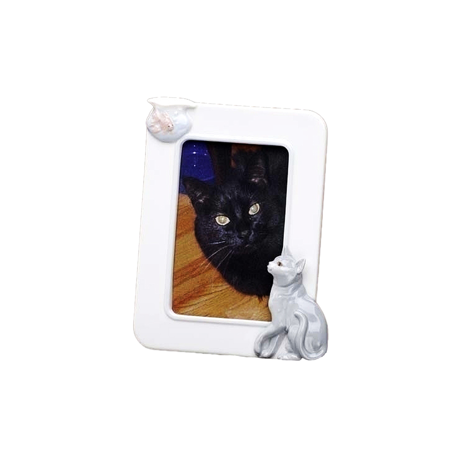 Cadre photo en porcelaine, chat avec bol de poisson, pour photo de 4 x 6&nbsp;po