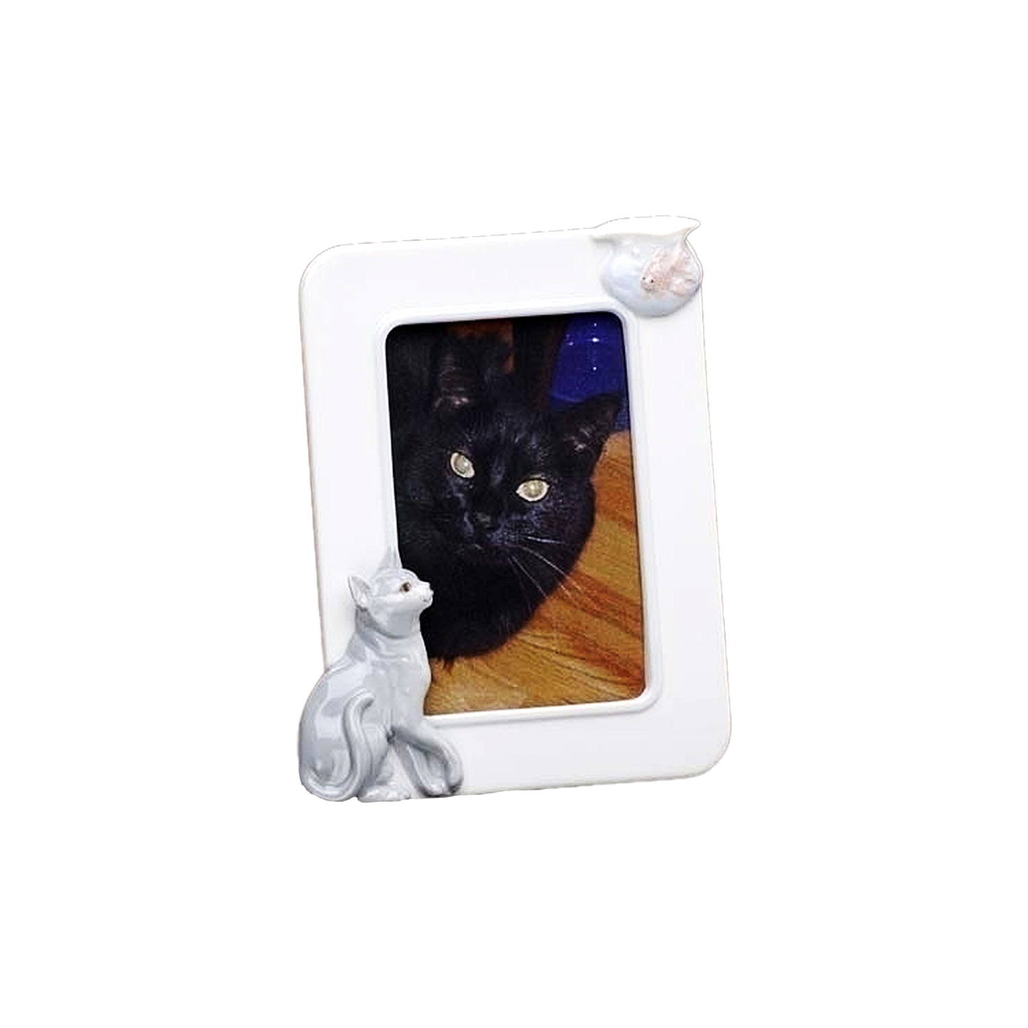 Cadre photo en porcelaine, chat avec bol de poisson, pour photo de 4 x 6&nbsp;po