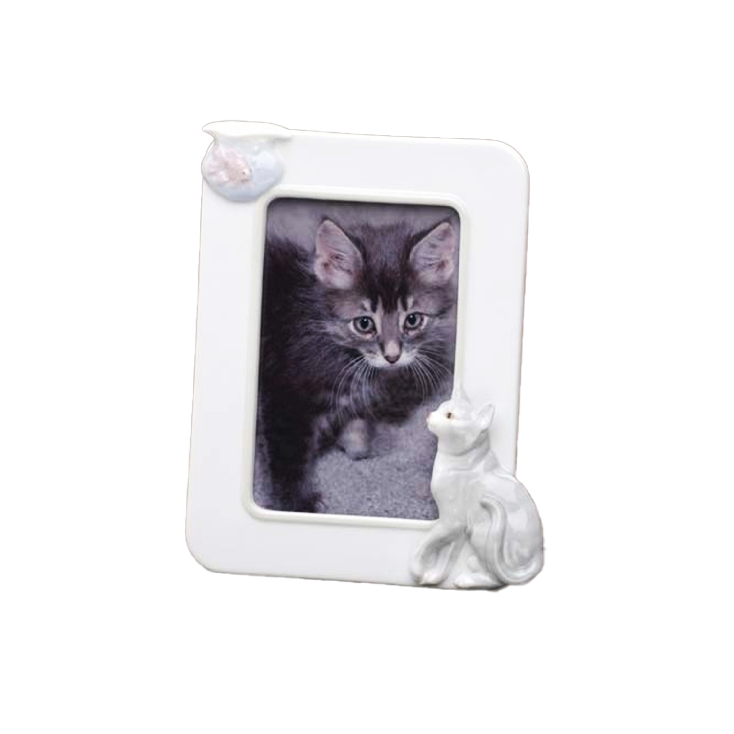 Cadre photo en porcelaine, bol de chat et poisson, pour photo de 4 x 6&nbsp;po, blanc