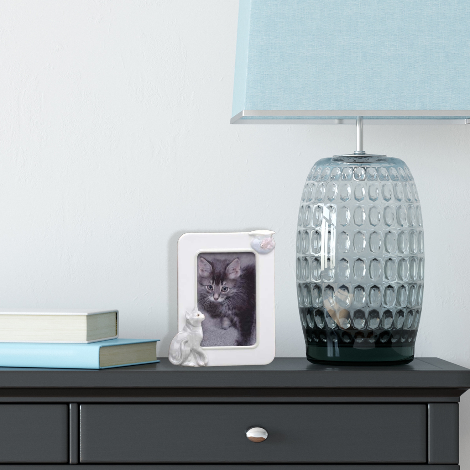 Cadre photo en porcelaine, bol de chat et poisson, pour photo de 4 x 6&nbsp;po, blanc