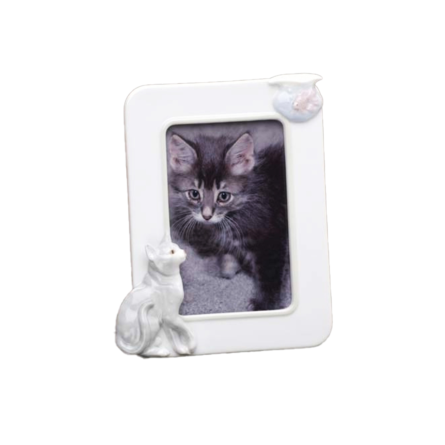 Cadre photo en porcelaine, bol de chat et poisson, pour photo de 4 x 6&nbsp;po, blanc