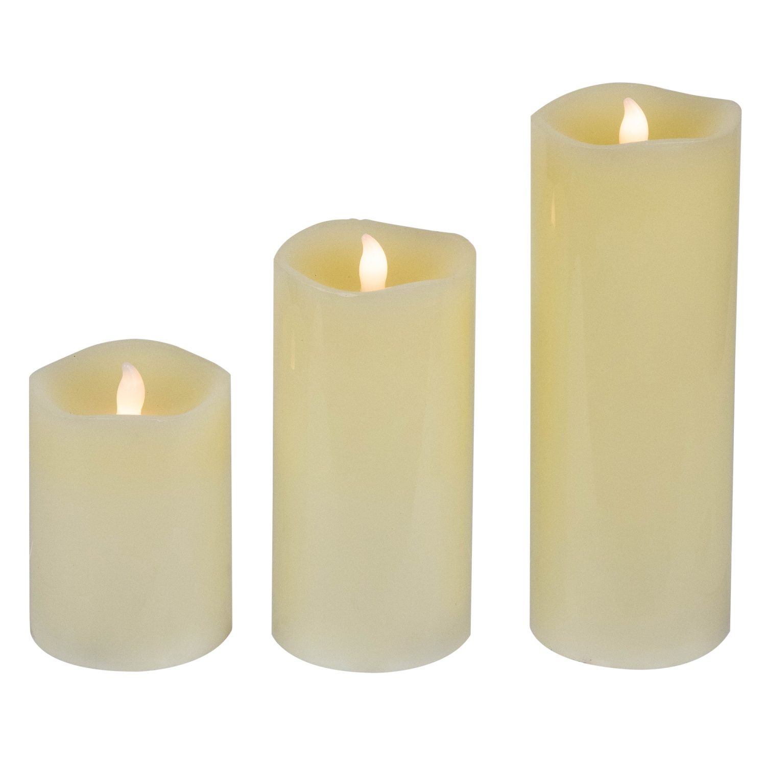 Set of 3 Solid Cream LED Flickering Flameless Wax Pillar Candles 8"