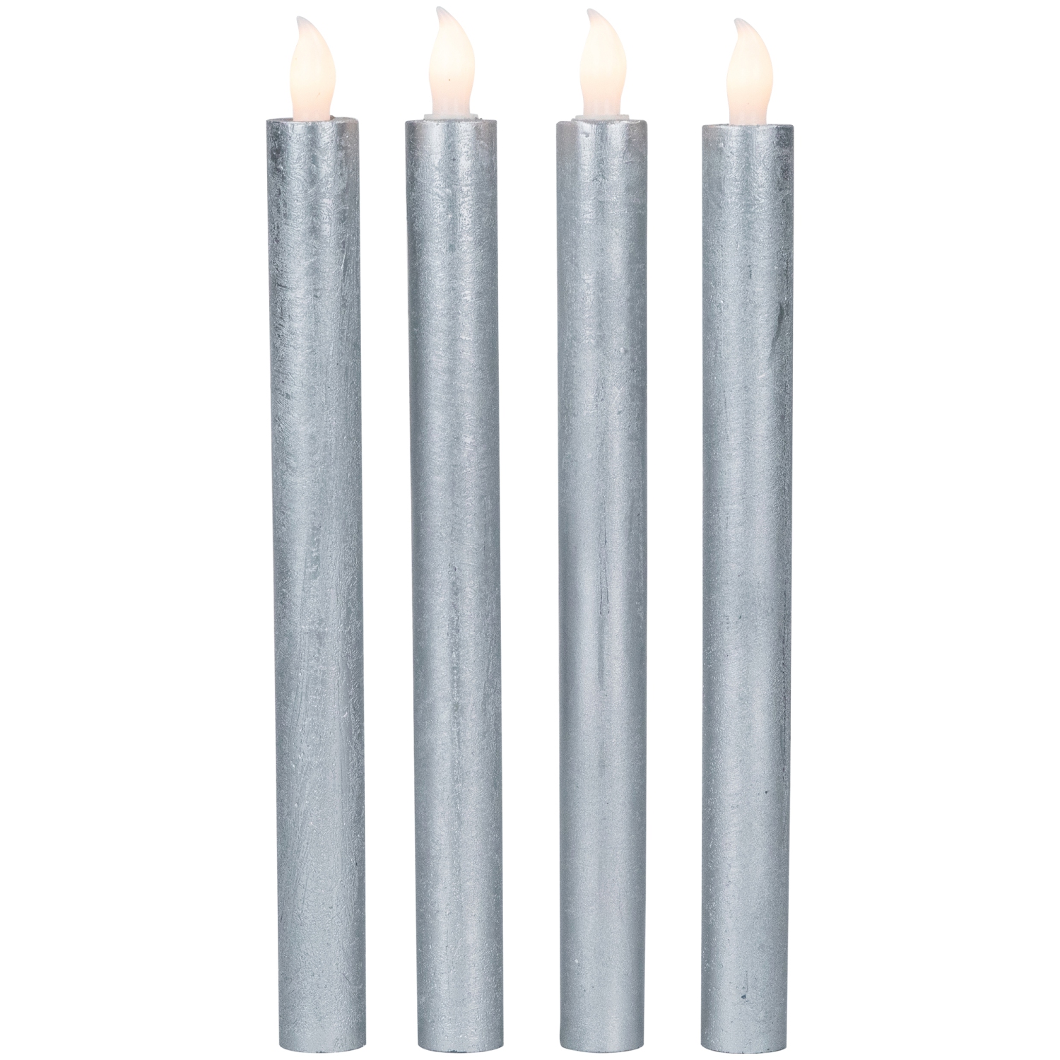 Set of 4 Brushed Silver-tone LED Flameless Wax Flickering Taper Candles 9.5"