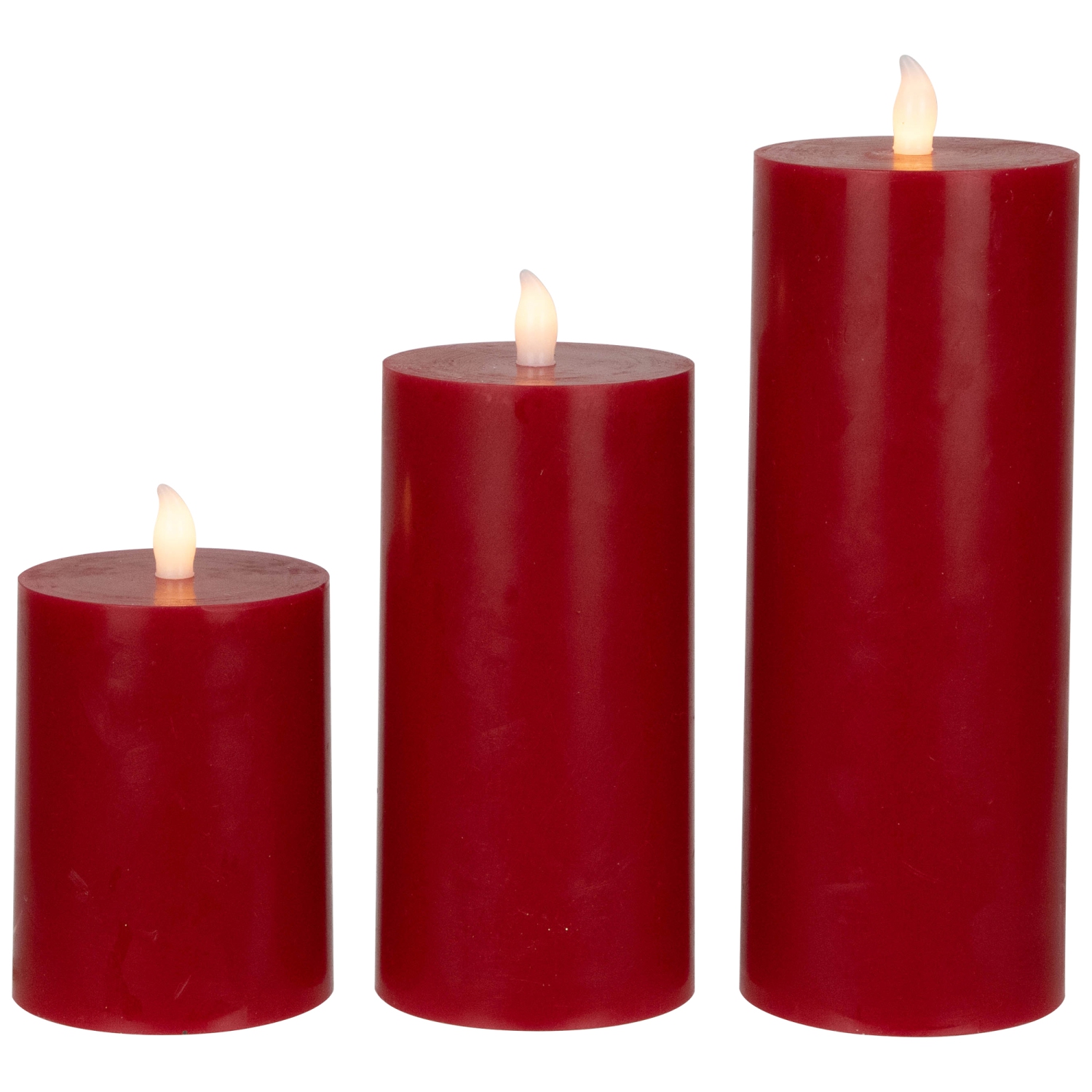 LED Flameless Flickering Wax Pillar Candles - 8" - Red - Set of 3