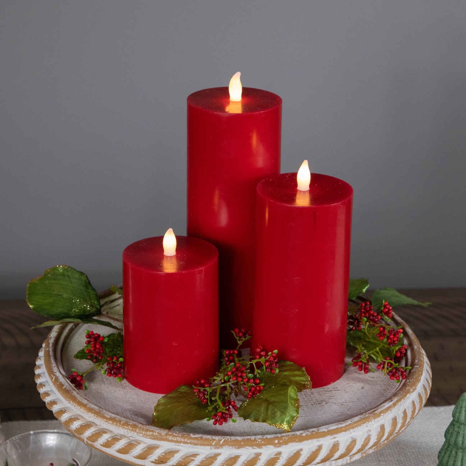 LED Flameless Flickering Wax Pillar Candles - 8" - Red - Set of 3