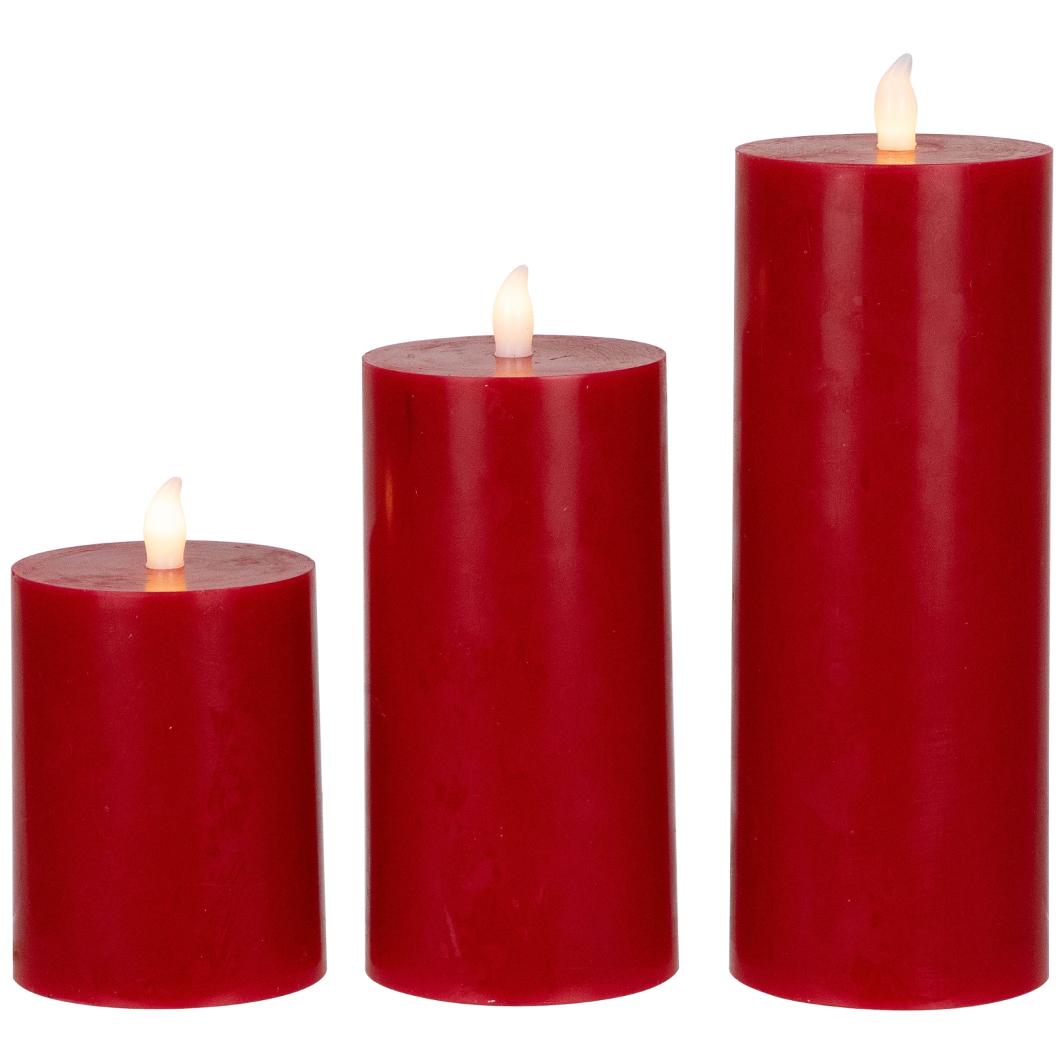 LED Flameless Flickering Wax Pillar Candles - 8" - Red - Set of 3
