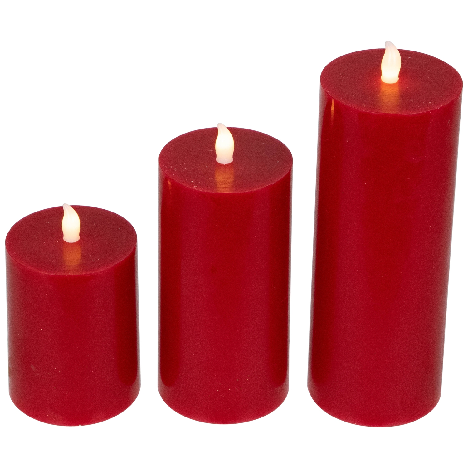 LED Flameless Flickering Wax Pillar Candles - 8" - Red - Set of 3