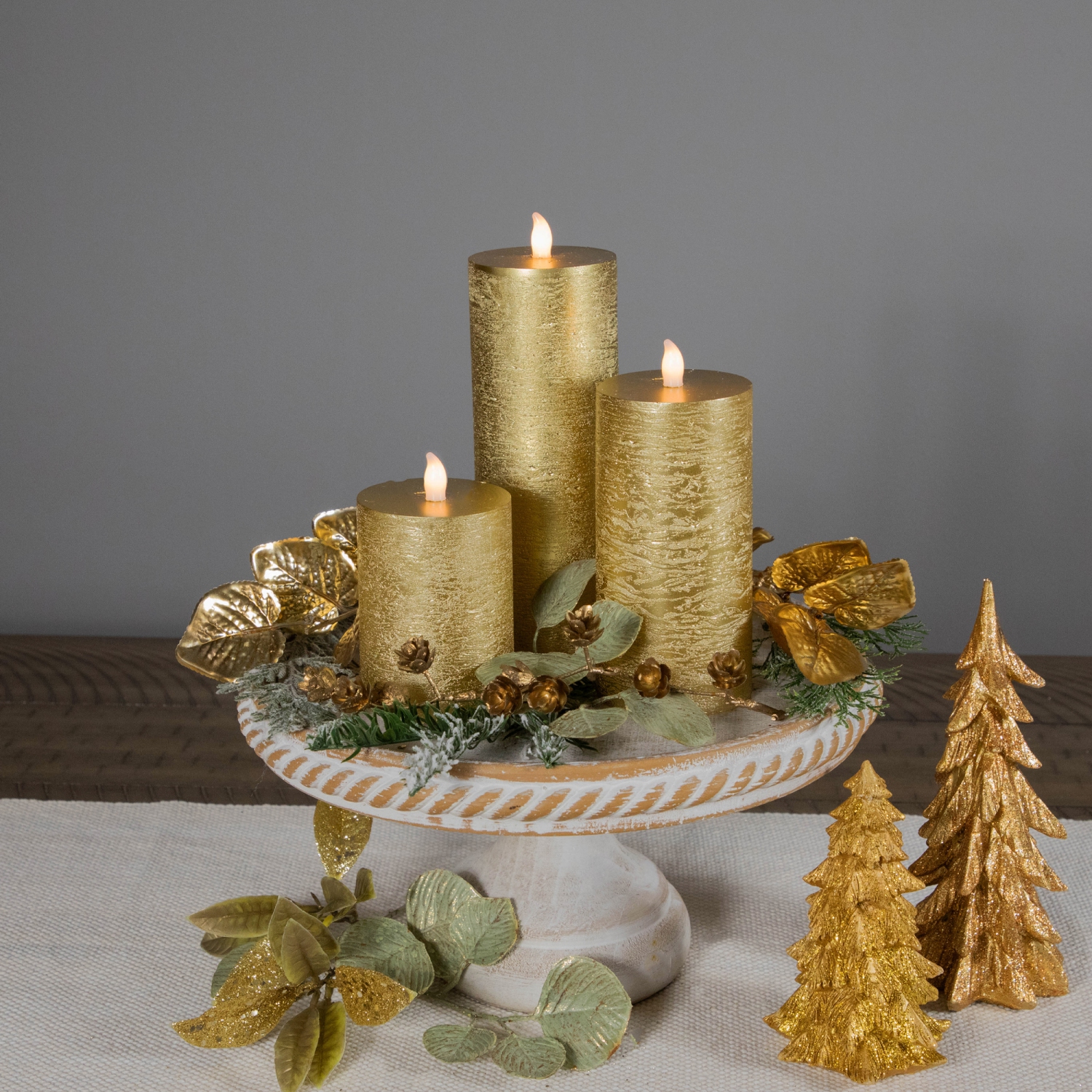 LED Flickering Flameless Pillar Christmas Candles - 8.75" - Gold - Set of 3