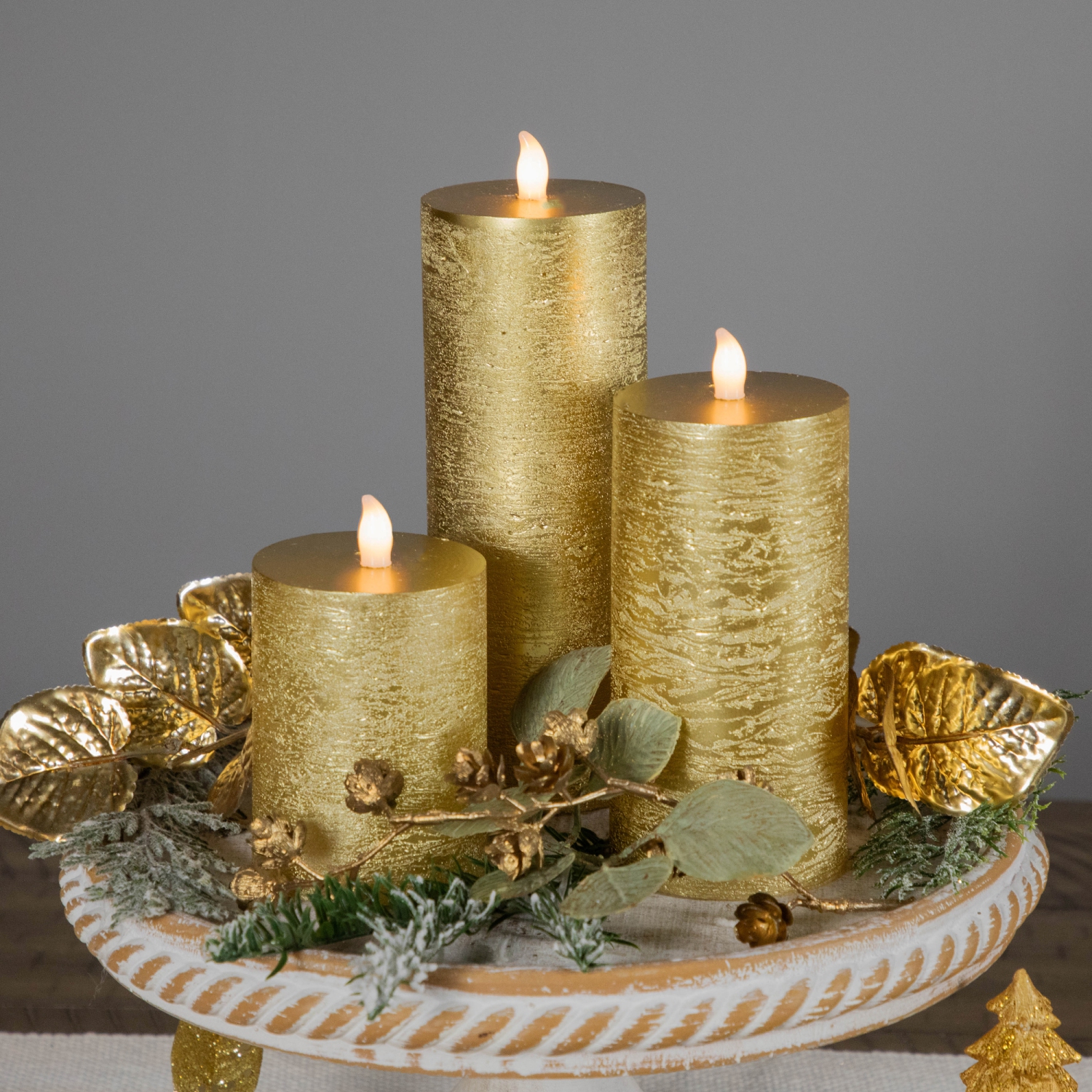 LED Flickering Flameless Pillar Christmas Candles - 8.75" - Gold - Set of 3