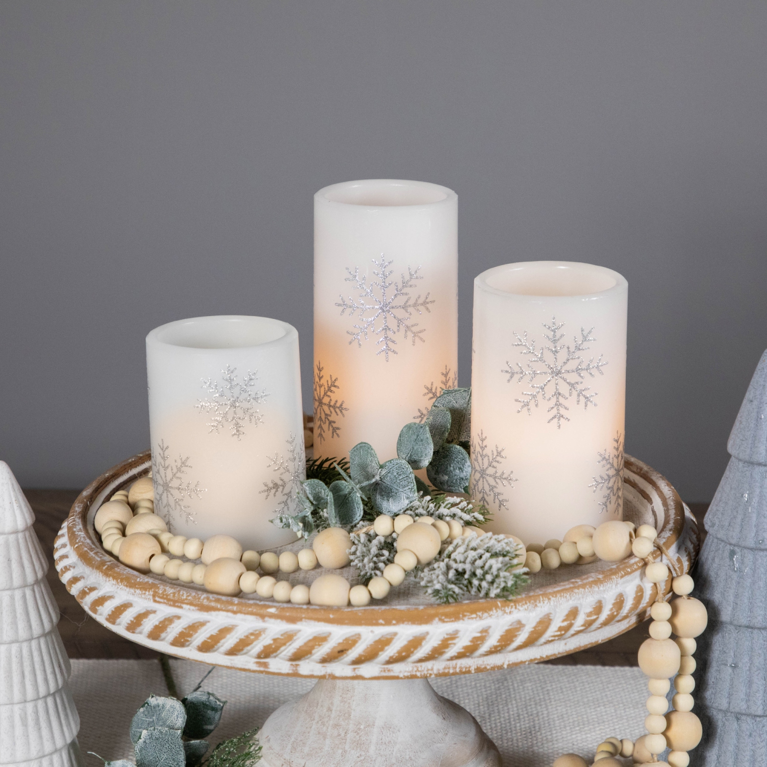 LED Flameless Flickering Wax Pillar Snowflake Christmas Candles - 6" - Set of 3