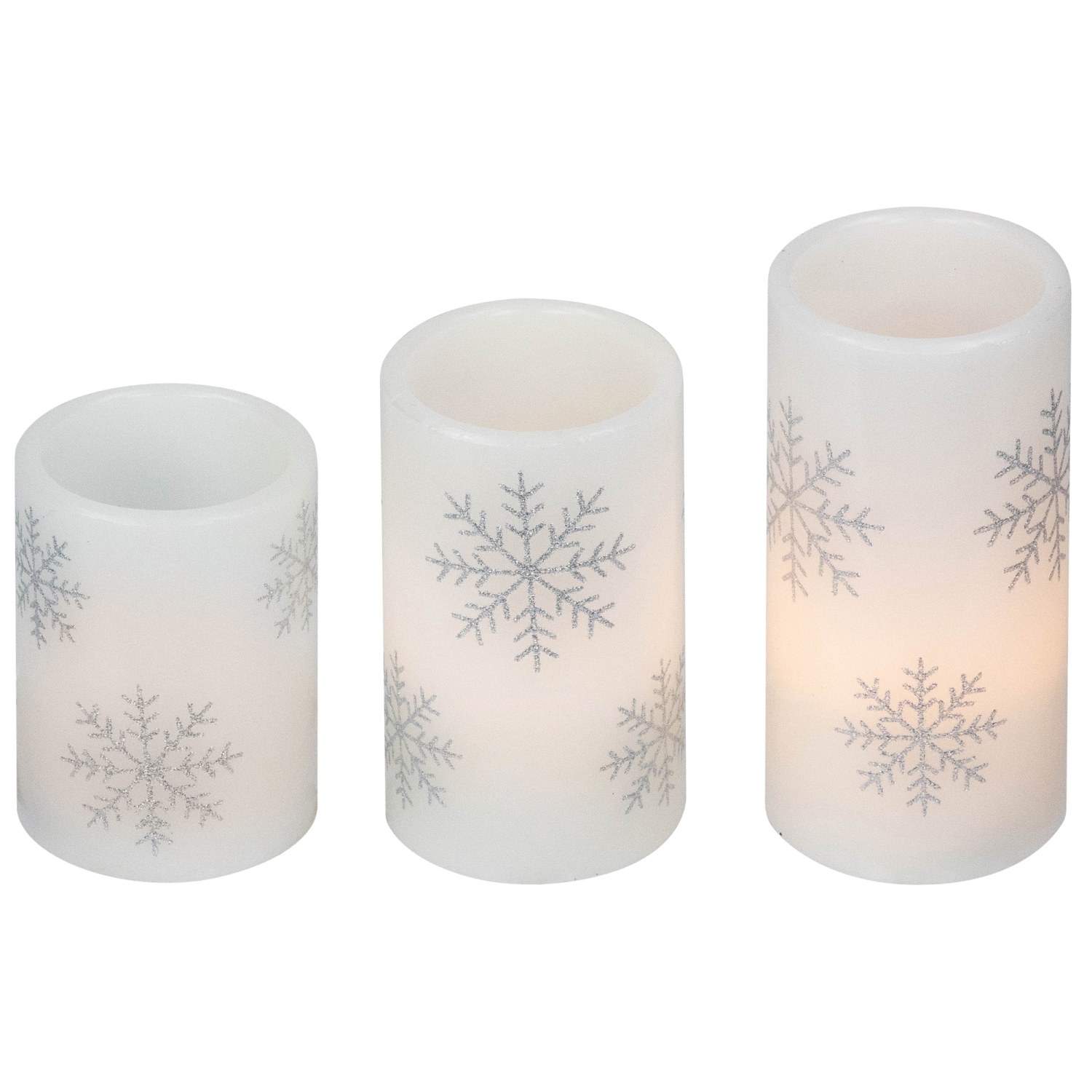 LED Flameless Flickering Wax Pillar Snowflake Christmas Candles - 6" - Set of 3