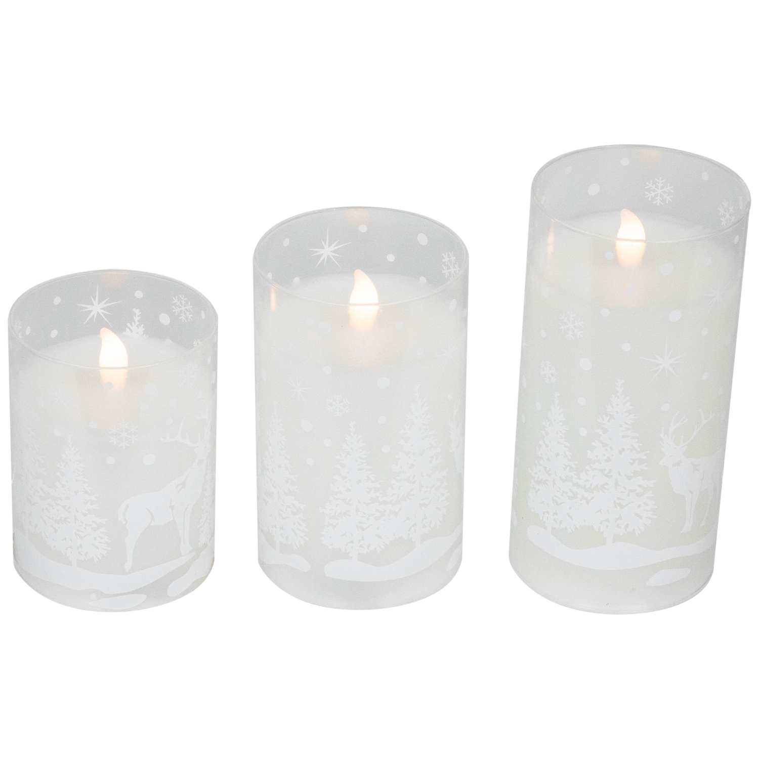 Bougies piliers de Noël sans flamme en verre, neige et forêt, 6 po, ensemble de 3