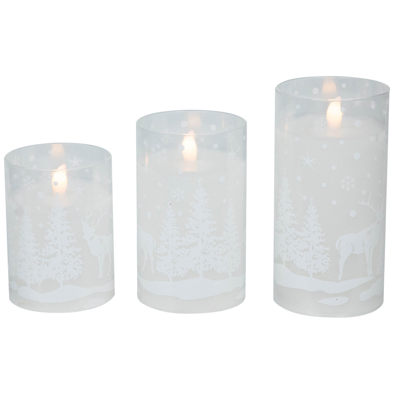 Bougies piliers de Noël sans flamme en verre, neige et forêt, 6 po, ensemble de 3
