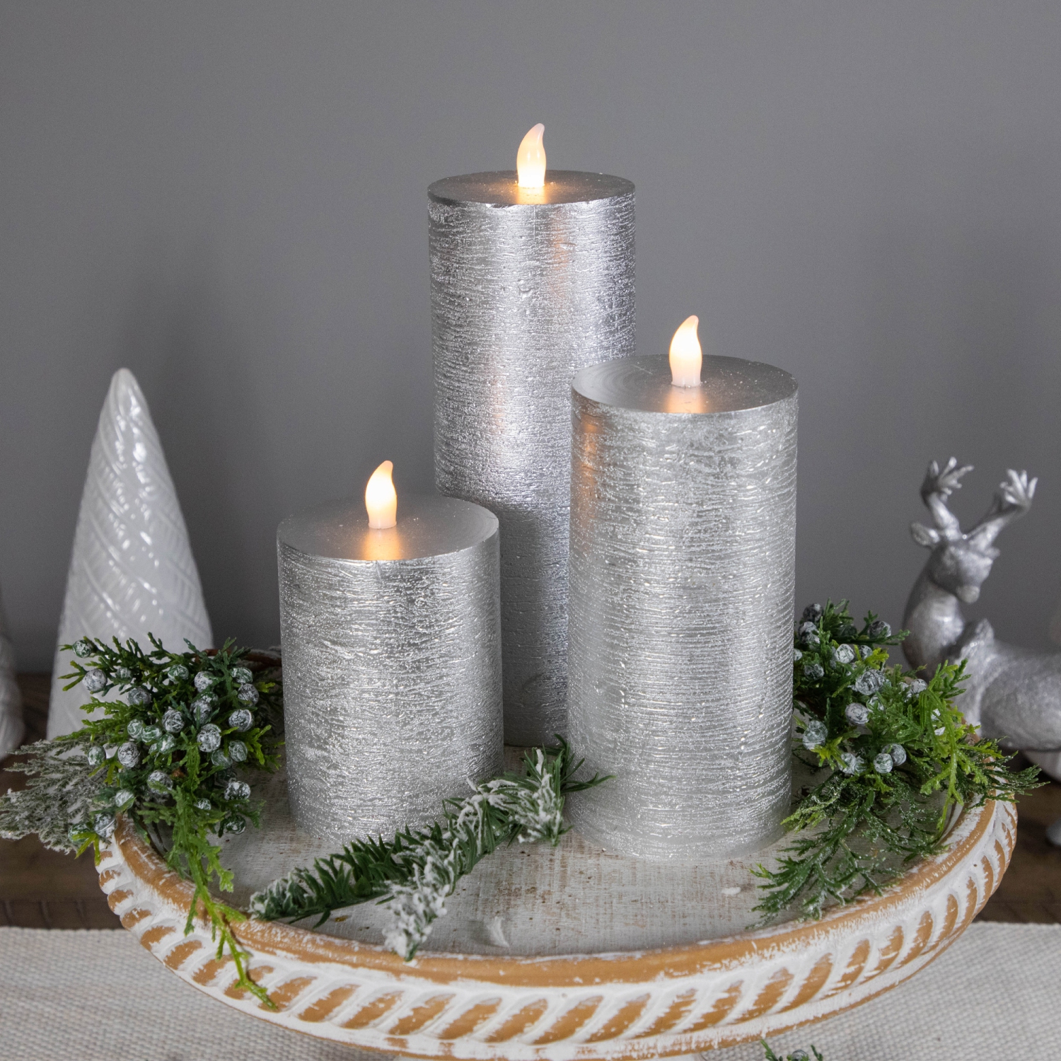Flameless Flickering LED Wax Pillar Candles - 8" - Brushed Silver - Set of 3