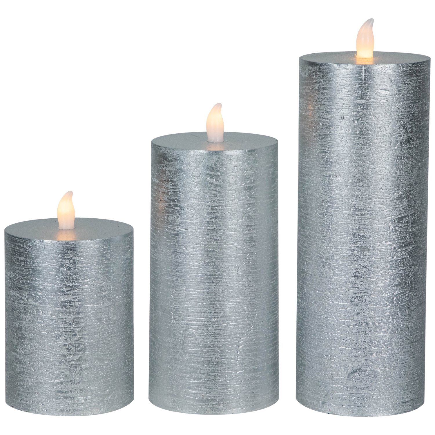 Flameless Flickering LED Wax Pillar Candles - 8" - Brushed Silver - Set of 3