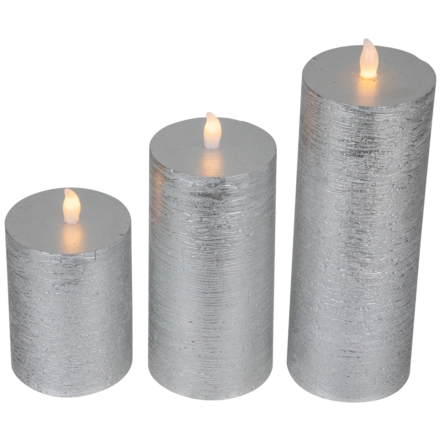 Flameless Flickering LED Wax Pillar Candles - 8" - Brushed Silver - Set of 3