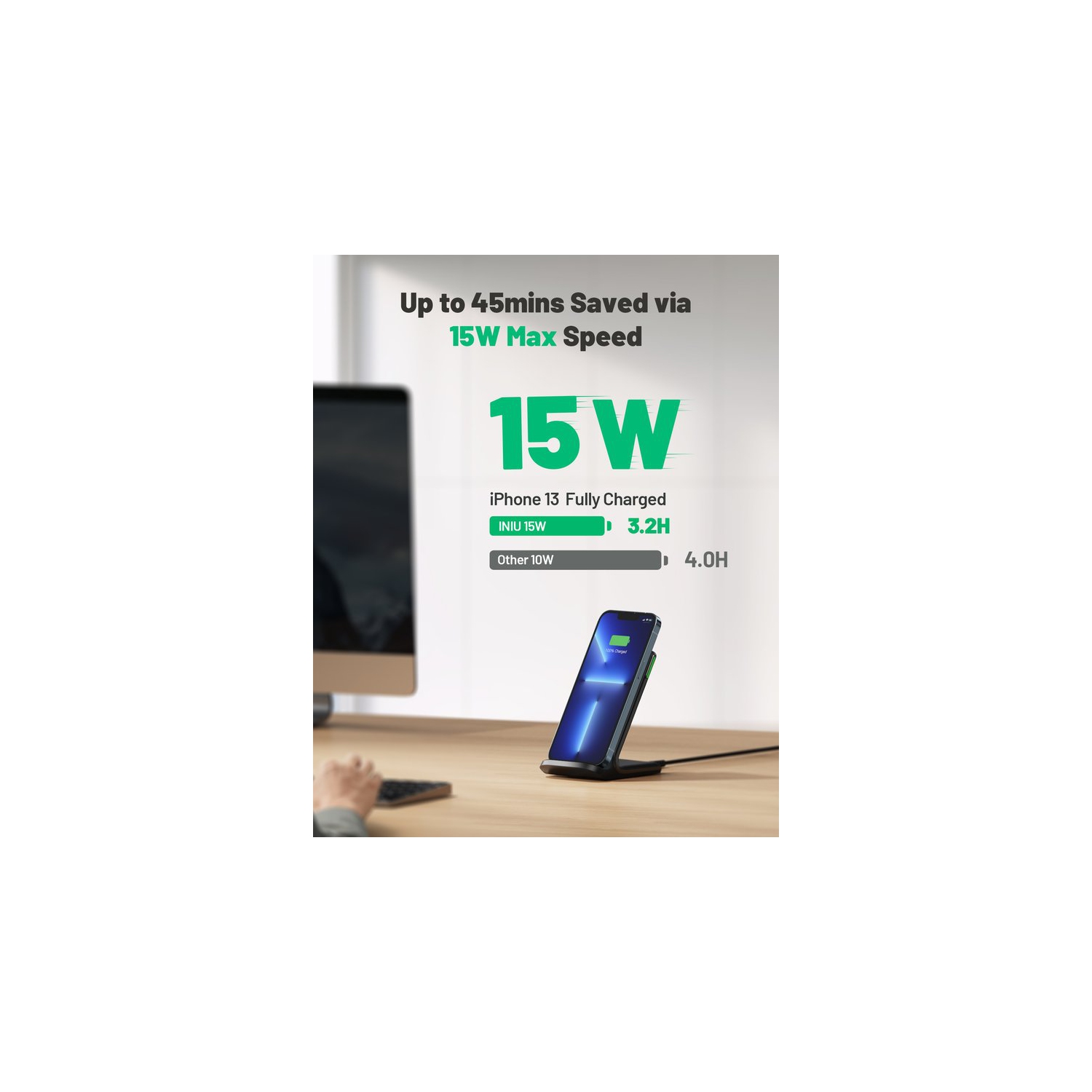 Station de recharge sans fil Qi avec lampe DEL pour le sommeil d'INIU 15 W pour iPhone, Samsung et plus - Noir