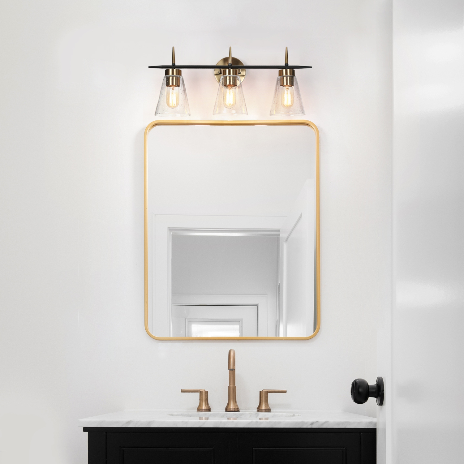 Black and Gold Bathroom Vanity Light, 23-in 3-Light Black and Polished Brass Gold In Seeded Glass LED Modern/Contemporary Vanity Light