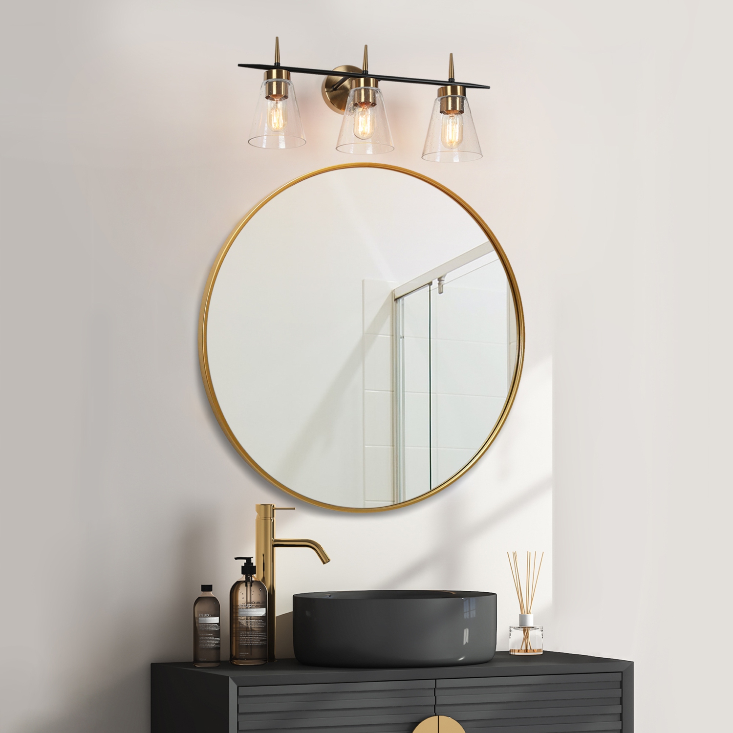 Black and Gold Bathroom Vanity Light, 23-in 3-Light Black and Polished Brass Gold In Seeded Glass LED Modern/Contemporary Vanity Light