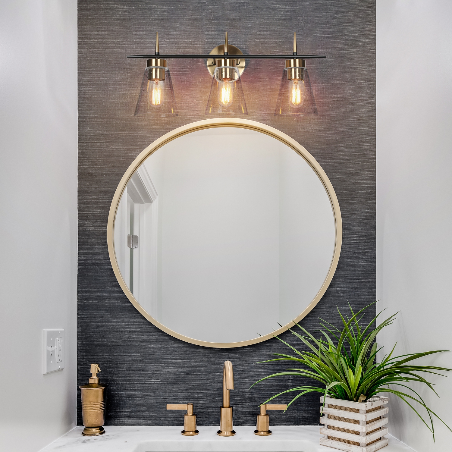 Black and Gold Bathroom Vanity Light, 23-in 3-Light Black and Polished Brass Gold In Seeded Glass LED Modern/Contemporary Vanity Light