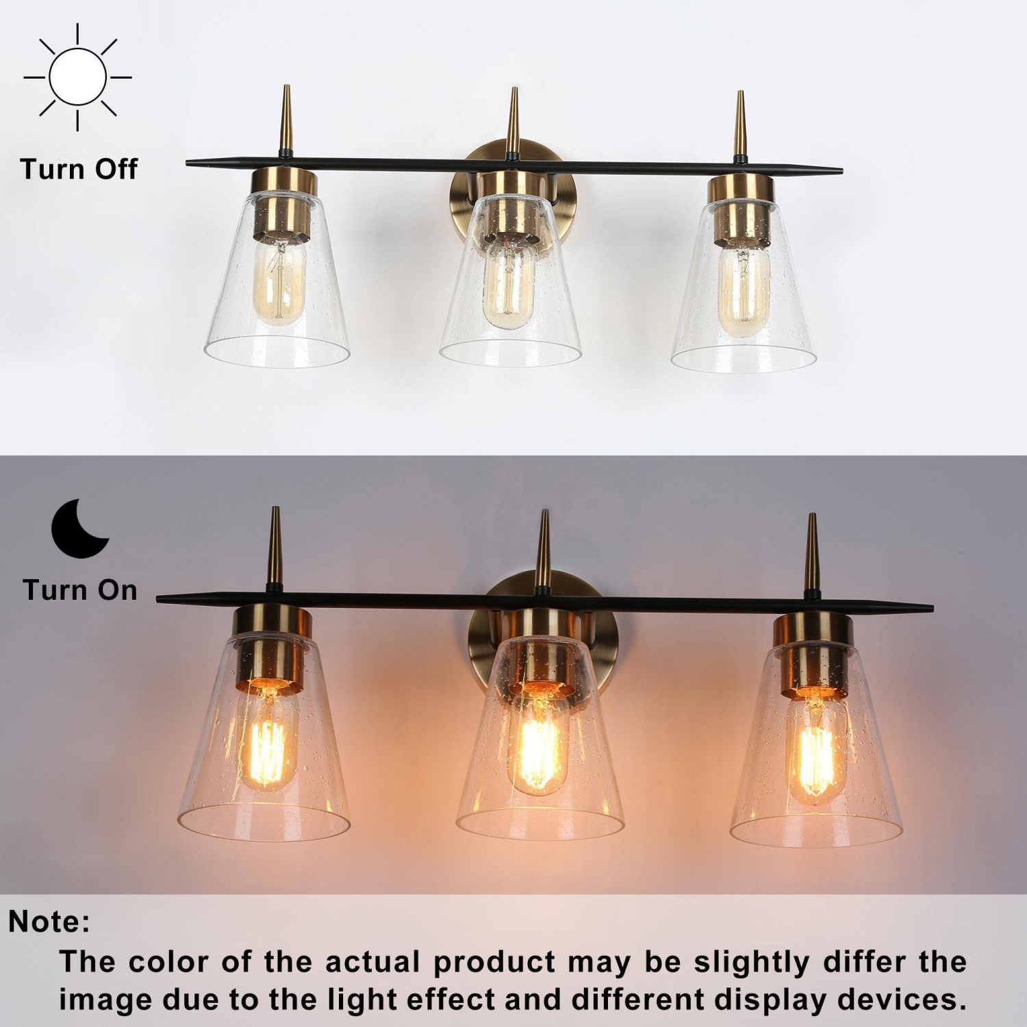 Black and Gold Bathroom Vanity Light, 23-in 3-Light Black and Polished Brass Gold In Seeded Glass LED Modern/Contemporary Vanity Light