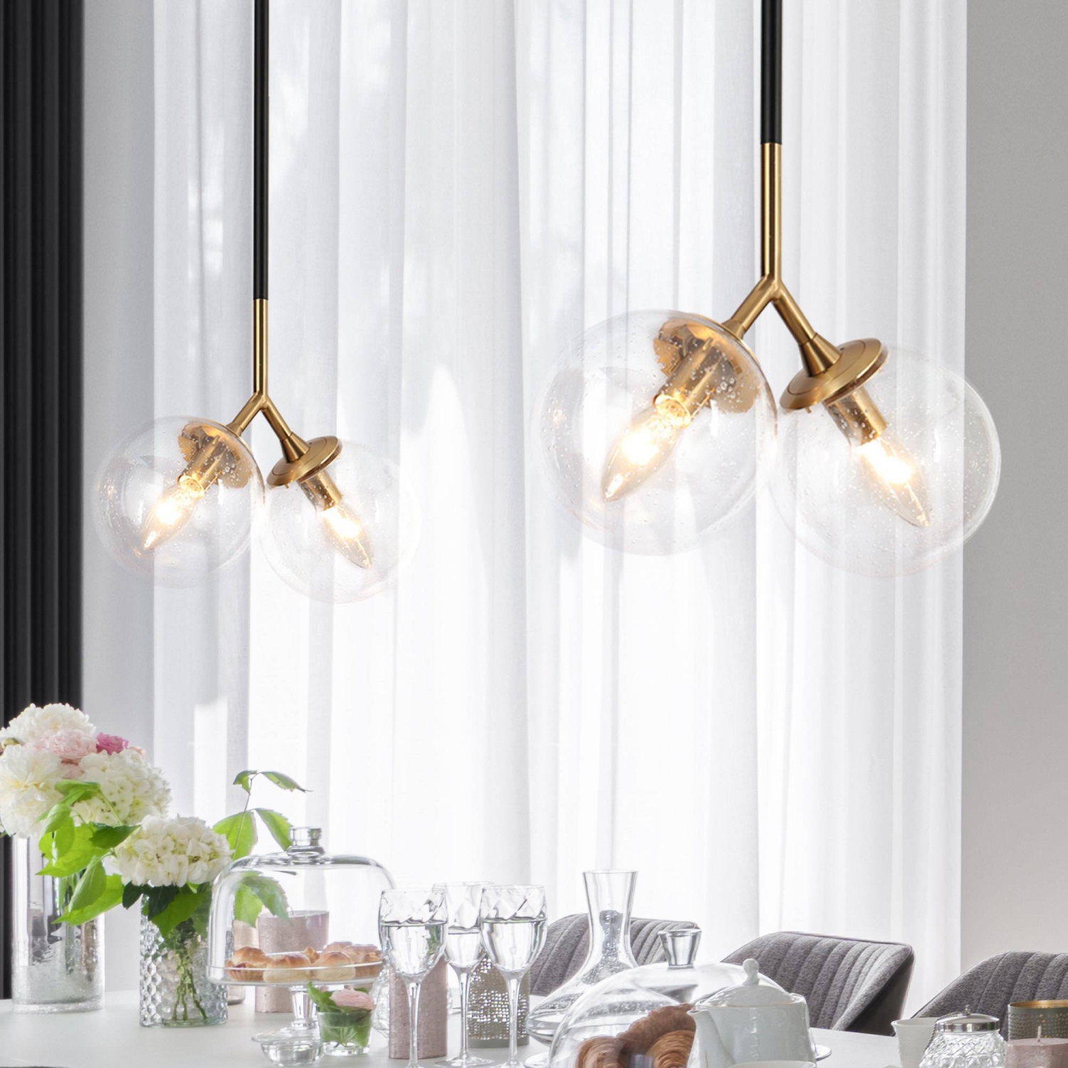 Lampe suspendue pour îlot de cuisine moderne, noir, 12 po Luminaire de plafond industriel à 3 ampoules avec globe en épépiné doré