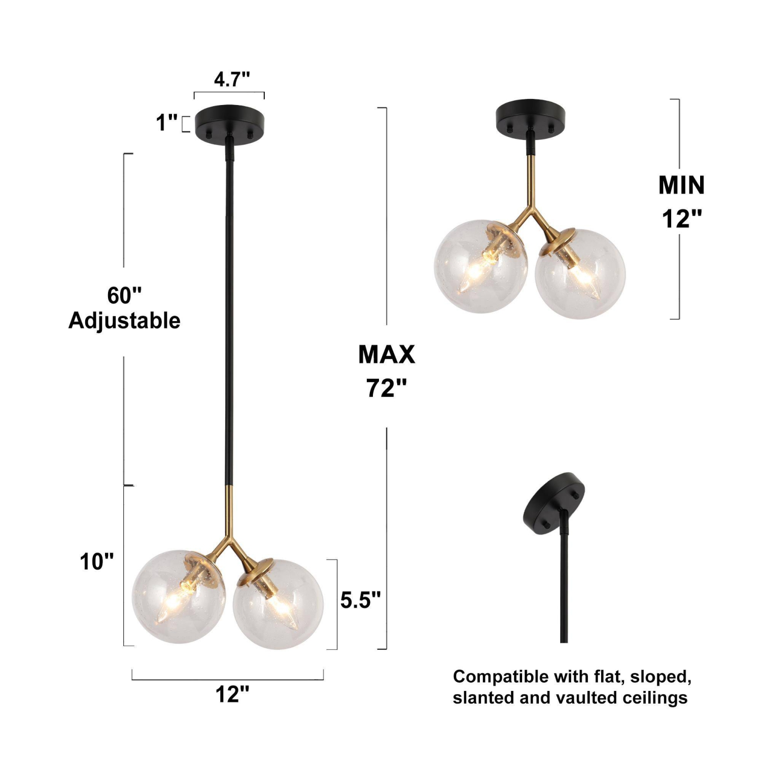 Lampe suspendue pour îlot de cuisine moderne, noir, 12 po Luminaire de plafond industriel à 3 ampoules avec globe en épépiné doré