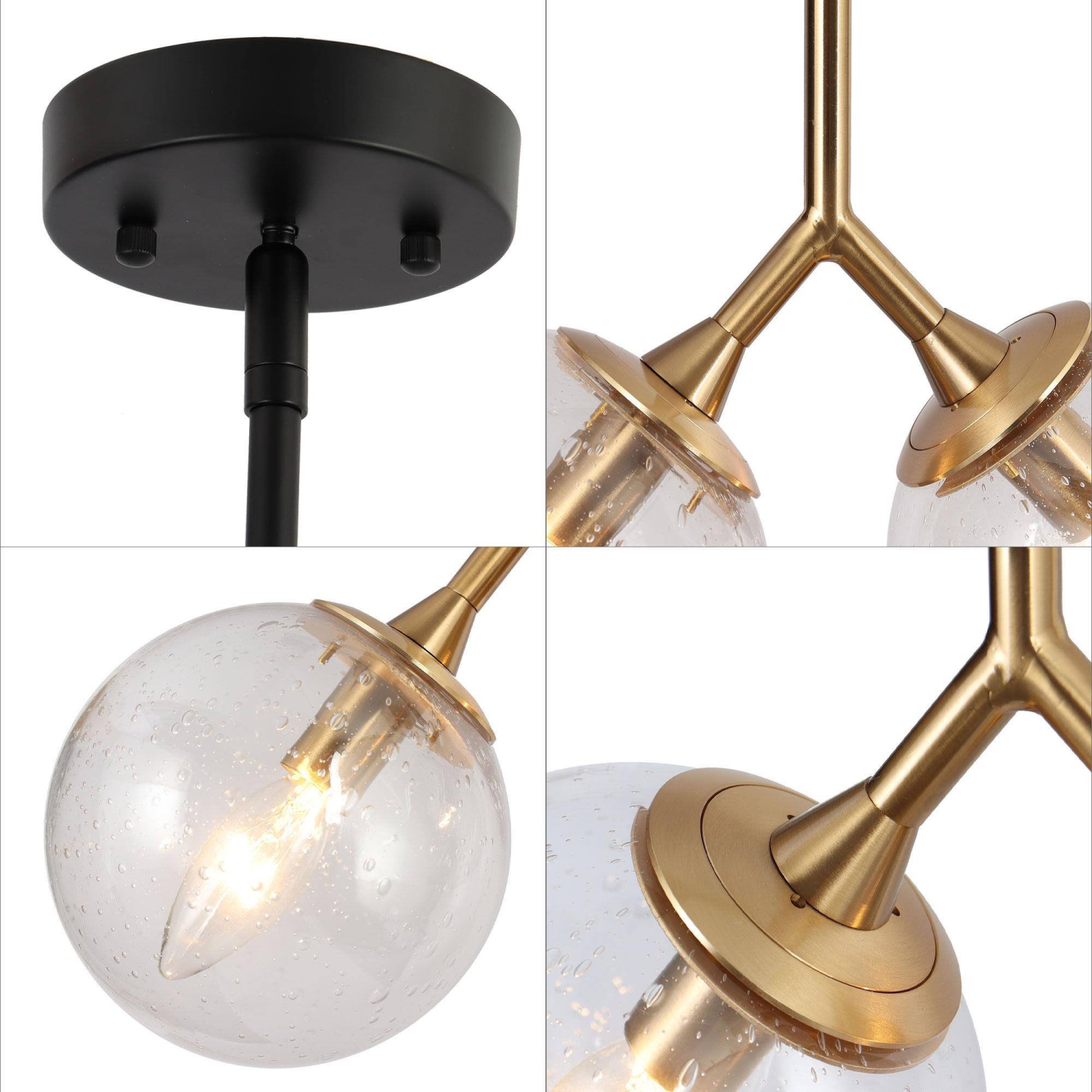 Lampe suspendue pour îlot de cuisine moderne, noir, 12 po Luminaire de plafond industriel à 3 ampoules avec globe en épépiné doré