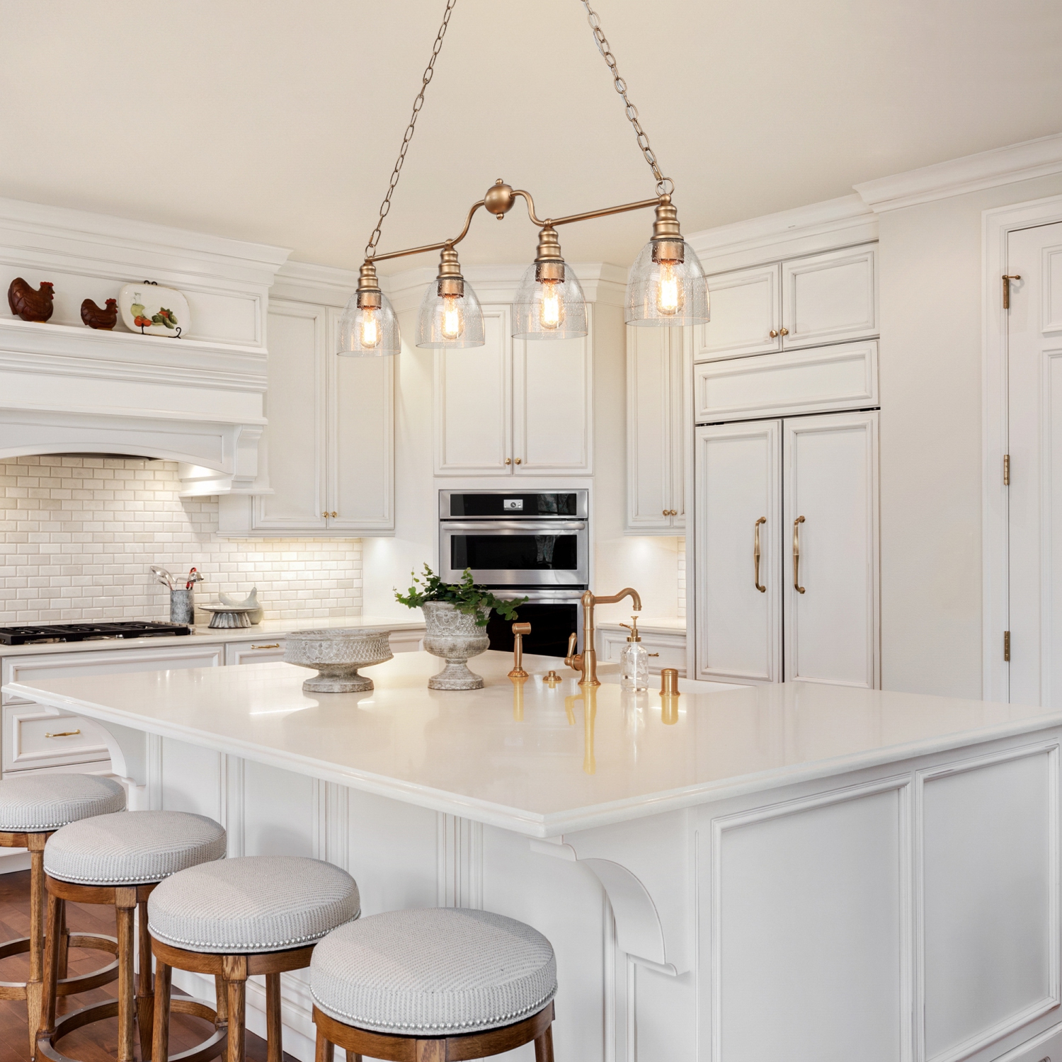 Mid-Century Kitchen Island Linear Chandelier, 4-Light Brass Gold Chandelier with Seeded Glass Shades