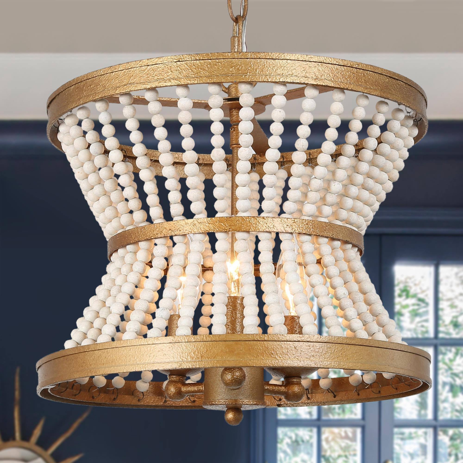Farmhouse Dining Room Chandelier, 3-Light Antique Gold Drum Island Chandelier Light with Wooden Beads