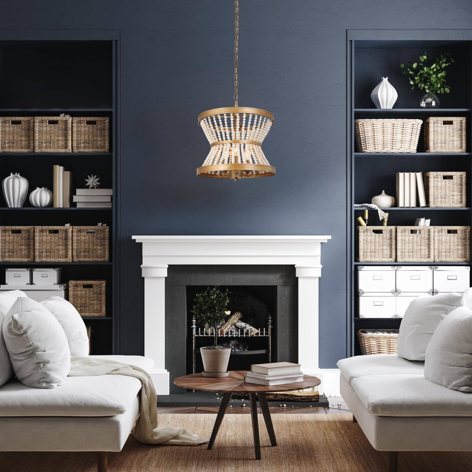 Farmhouse Dining Room Chandelier, 3-Light Antique Gold Drum Island Chandelier Light with Wooden Beads