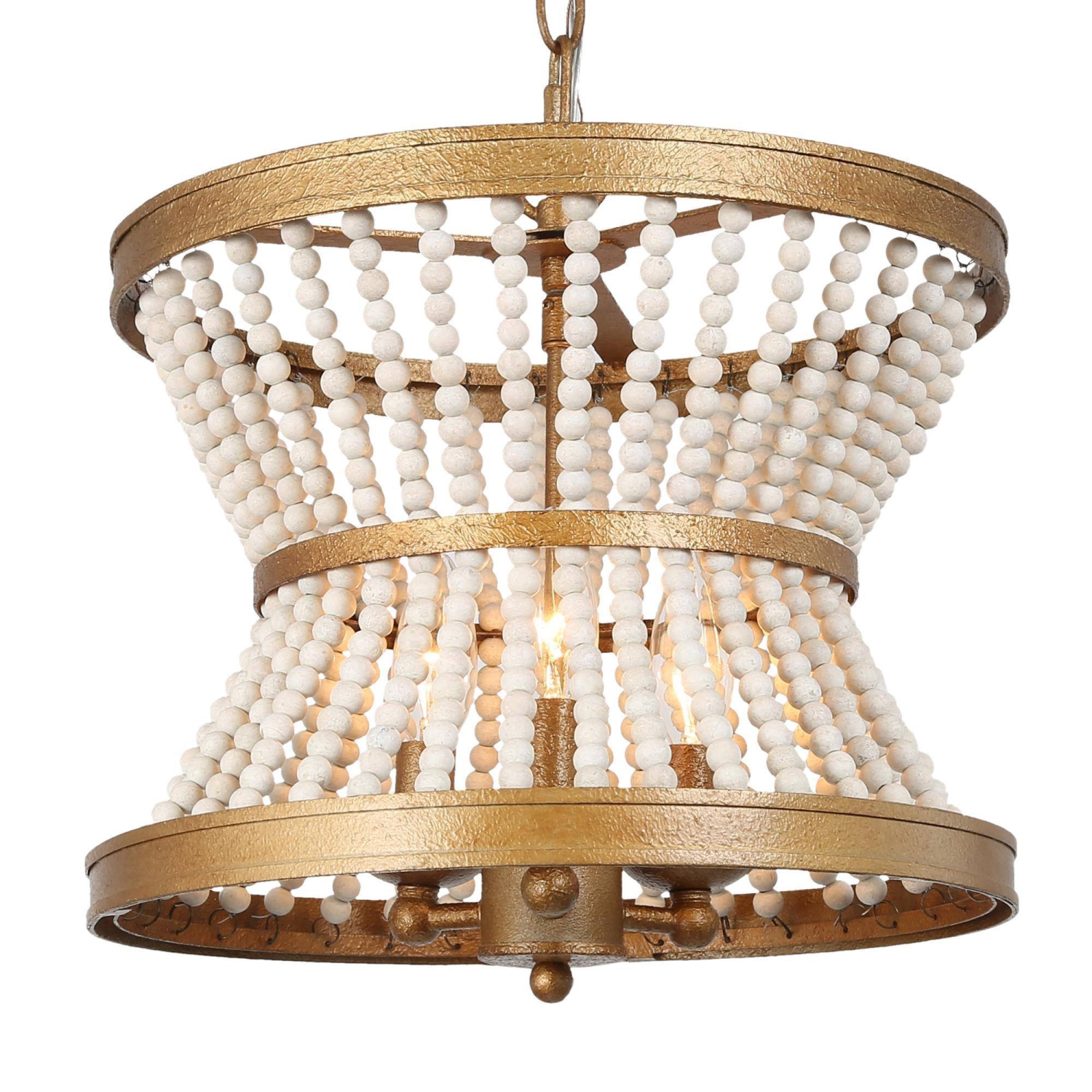 Farmhouse Dining Room Chandelier, 3-Light Antique Gold Drum Island Chandelier Light with Wooden Beads
