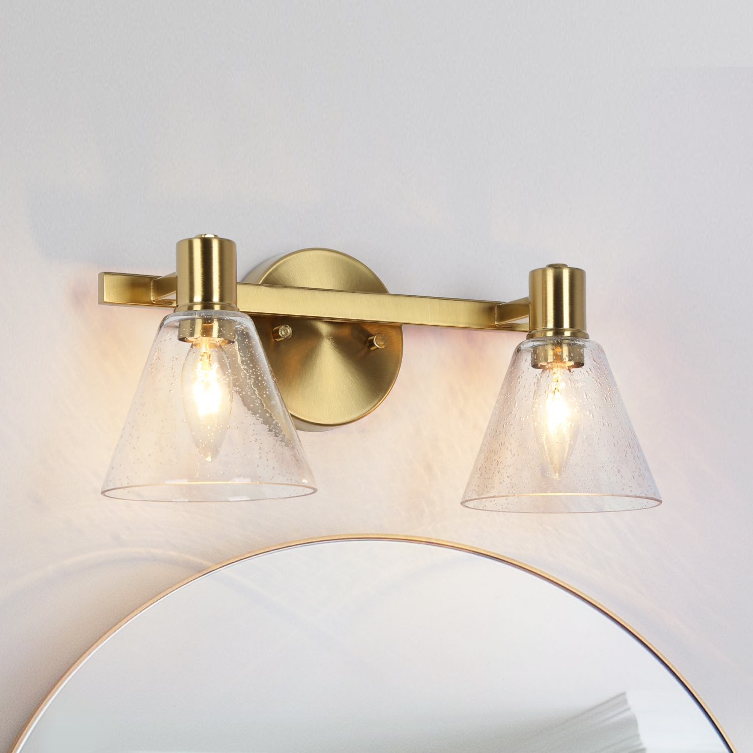 Polished Gold Bathroom Vanity Light, 15-in 2-Light Plating Brass and Seeded Glass Shade LED Modern/Contemporary Vanity Light