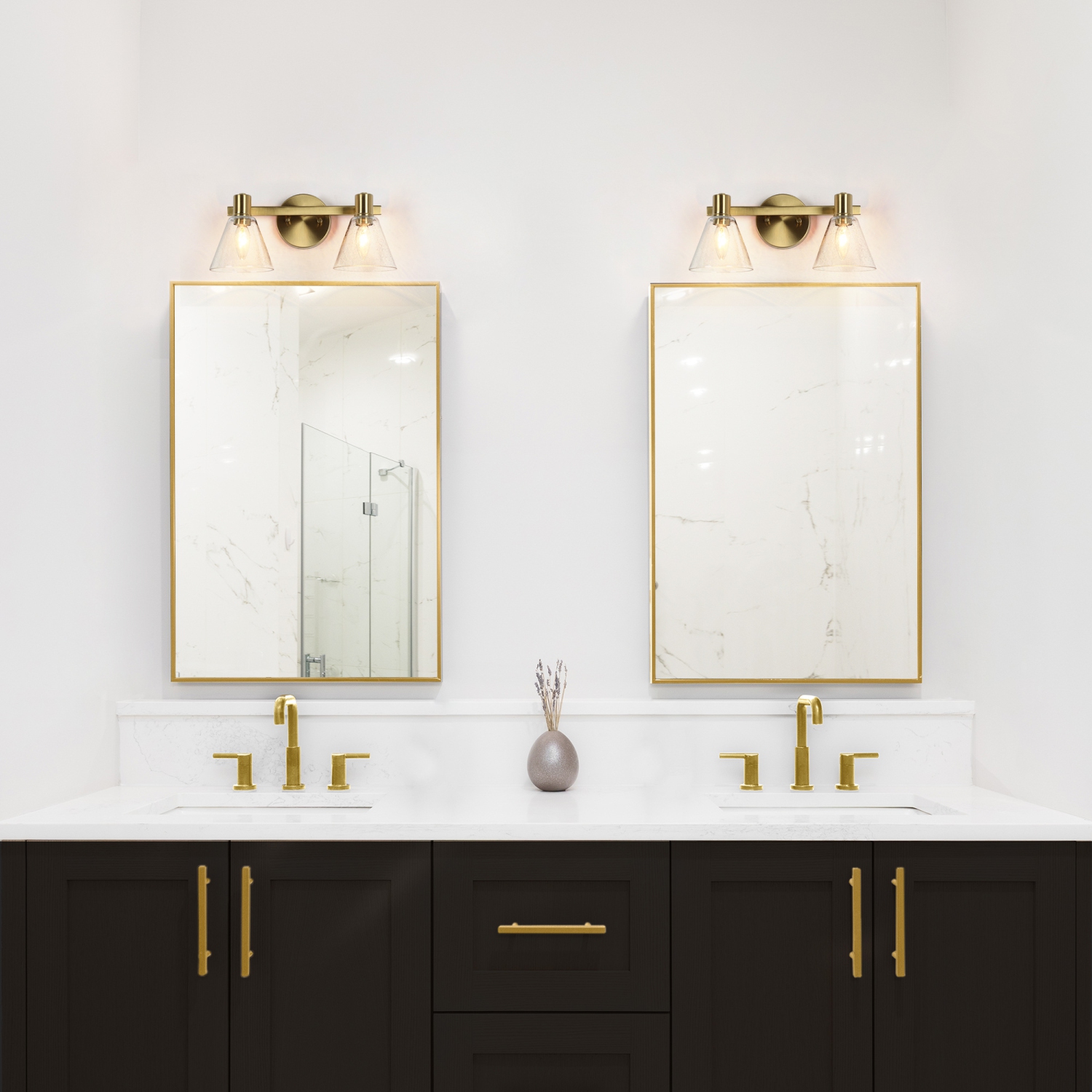 Polished Gold Bathroom Vanity Light, 15-in 2-Light Plating Brass and Seeded Glass Shade LED Modern/Contemporary Vanity Light
