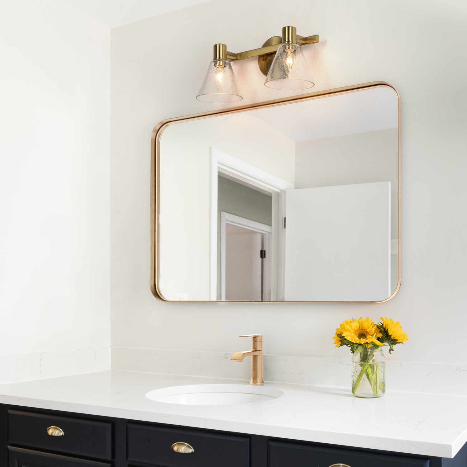 Polished Gold Bathroom Vanity Light, 15-in 2-Light Plating Brass and Seeded Glass Shade LED Modern/Contemporary Vanity Light