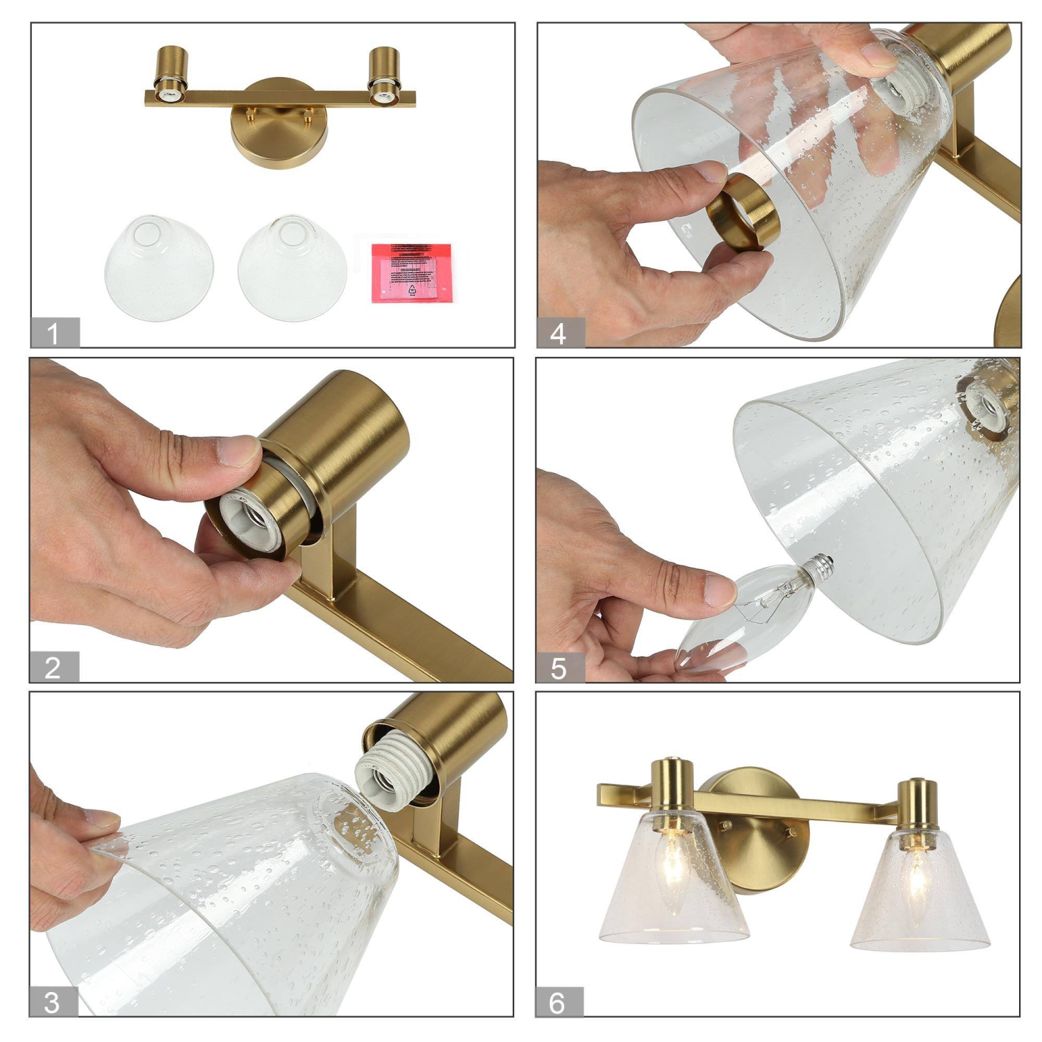 Polished Gold Bathroom Vanity Light, 15-in 2-Light Plating Brass and Seeded Glass Shade LED Modern/Contemporary Vanity Light