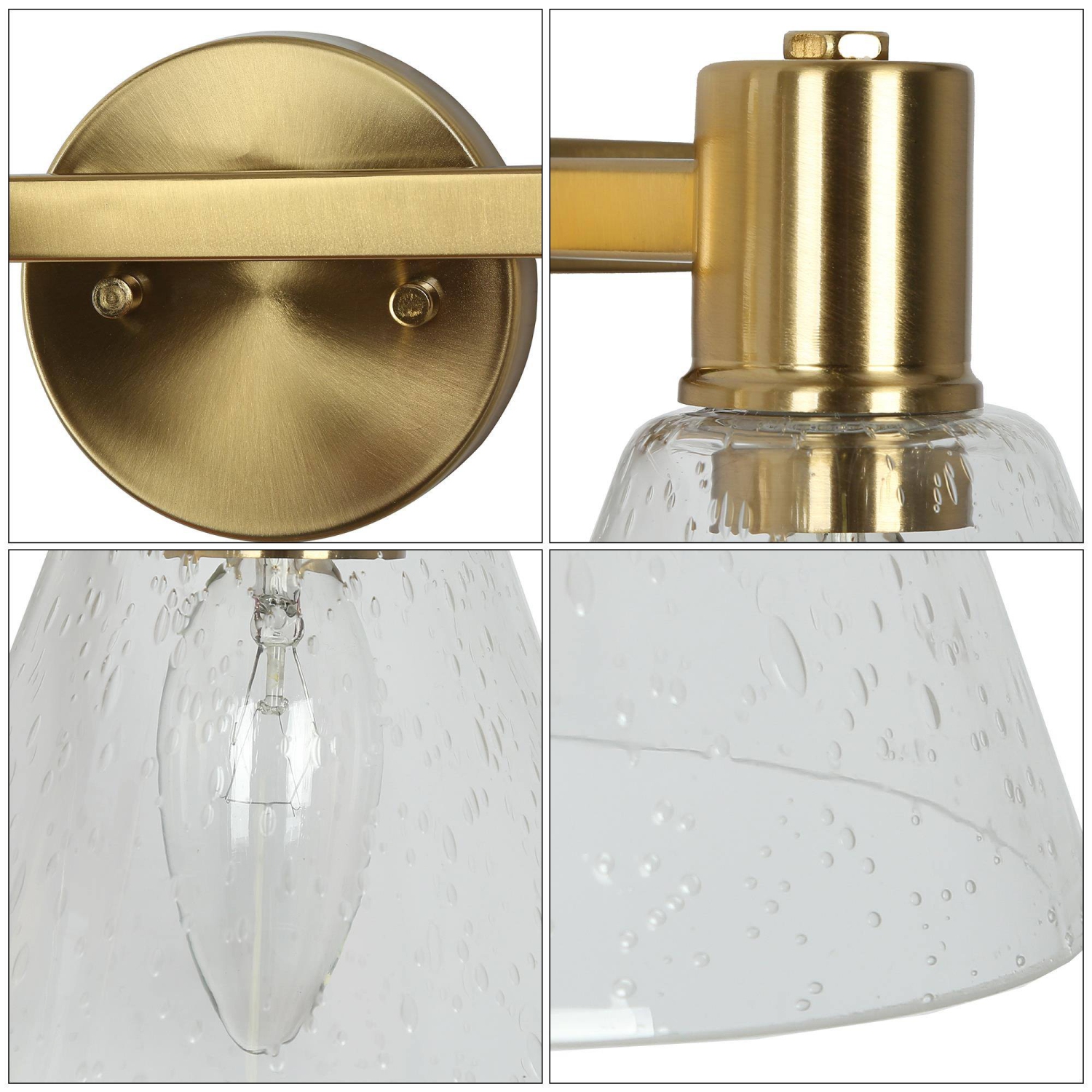 Polished Gold Bathroom Vanity Light, 15-in 2-Light Plating Brass and Seeded Glass Shade LED Modern/Contemporary Vanity Light
