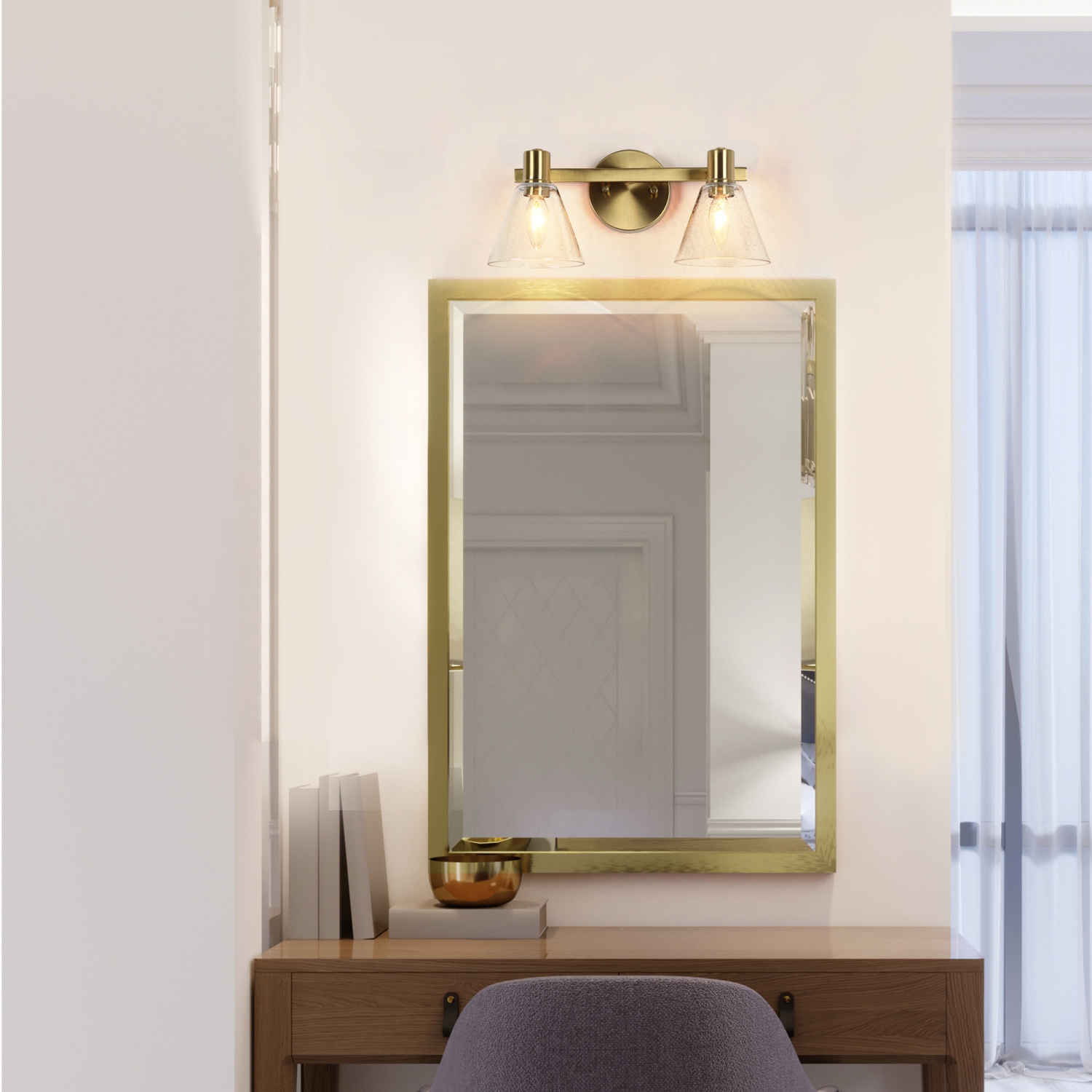 Polished Gold Bathroom Vanity Light, 15-in 2-Light Plating Brass and Seeded Glass Shade LED Modern/Contemporary Vanity Light