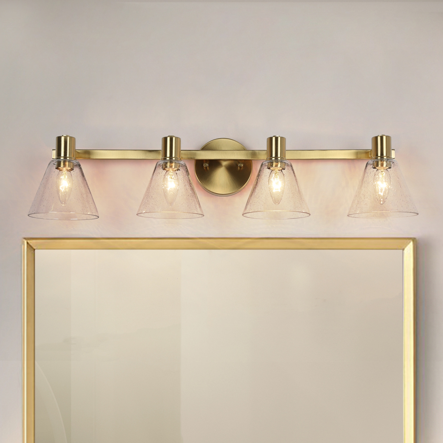 Polished Gold Bathroom Vanity Light, 28.5-in 4-Light Plating Brass and Seeded Glass Shade LED Modern/Contemporary Vanity Light