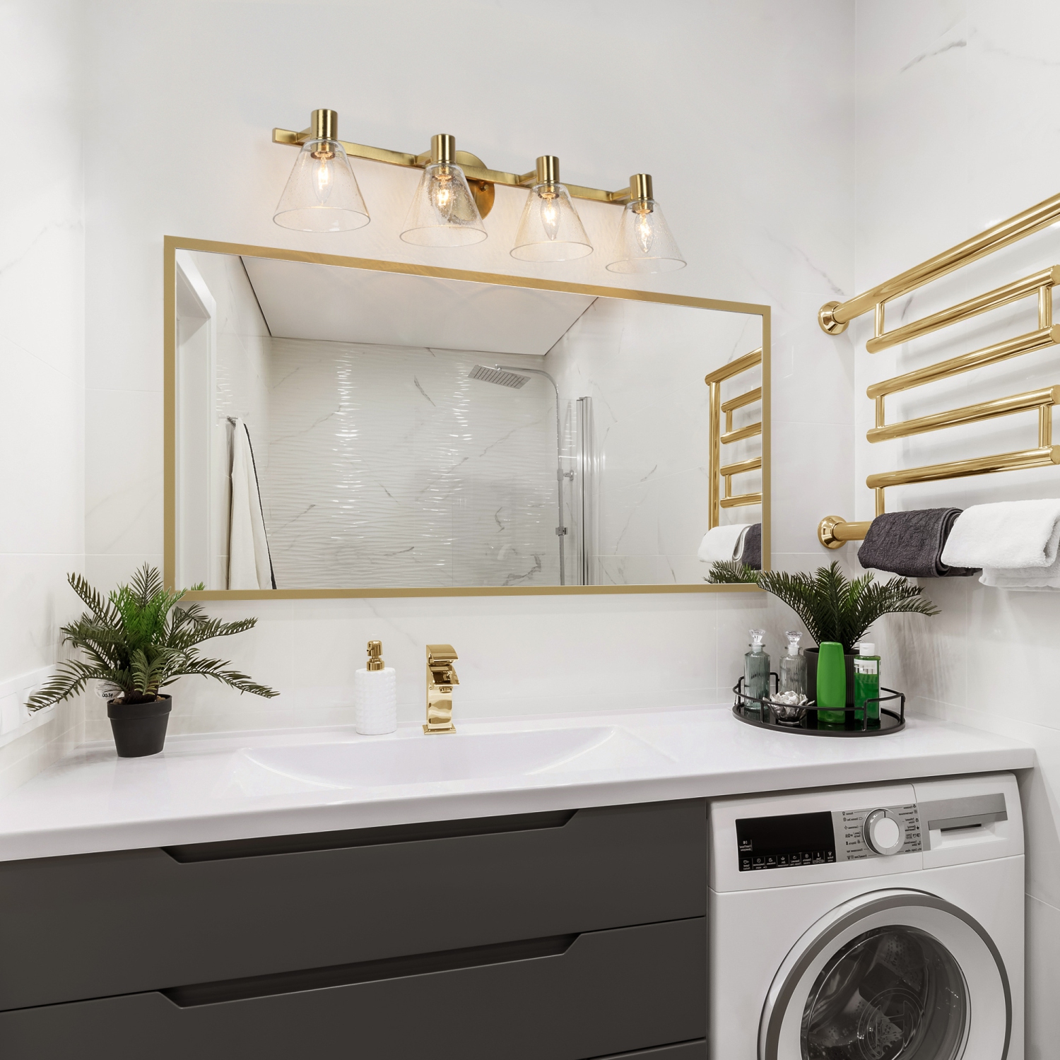 Polished Gold Bathroom Vanity Light, 28.5-in 4-Light Plating Brass and Seeded Glass Shade LED Modern/Contemporary Vanity Light