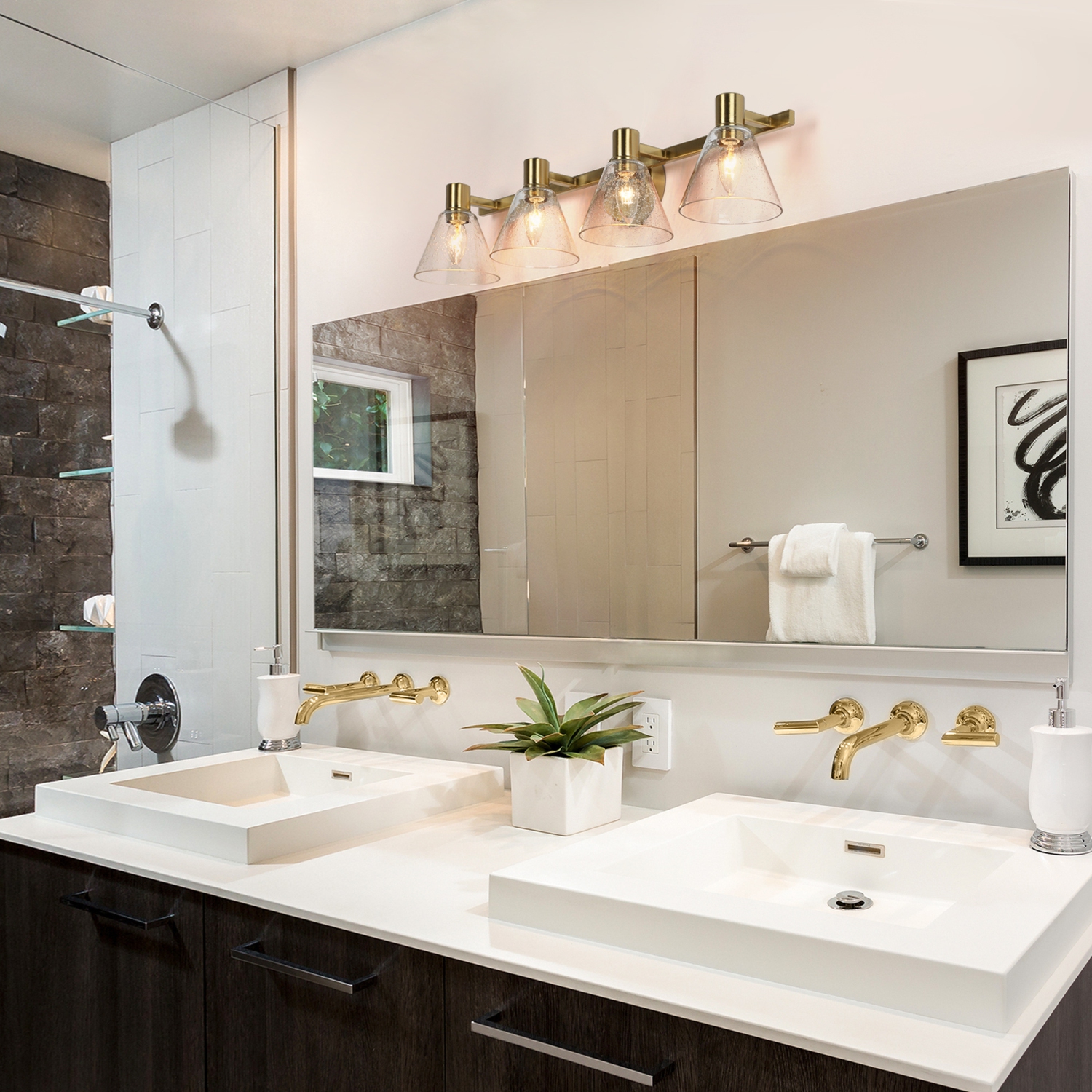 Polished Gold Bathroom Vanity Light, 28.5-in 4-Light Plating Brass and Seeded Glass Shade LED Modern/Contemporary Vanity Light