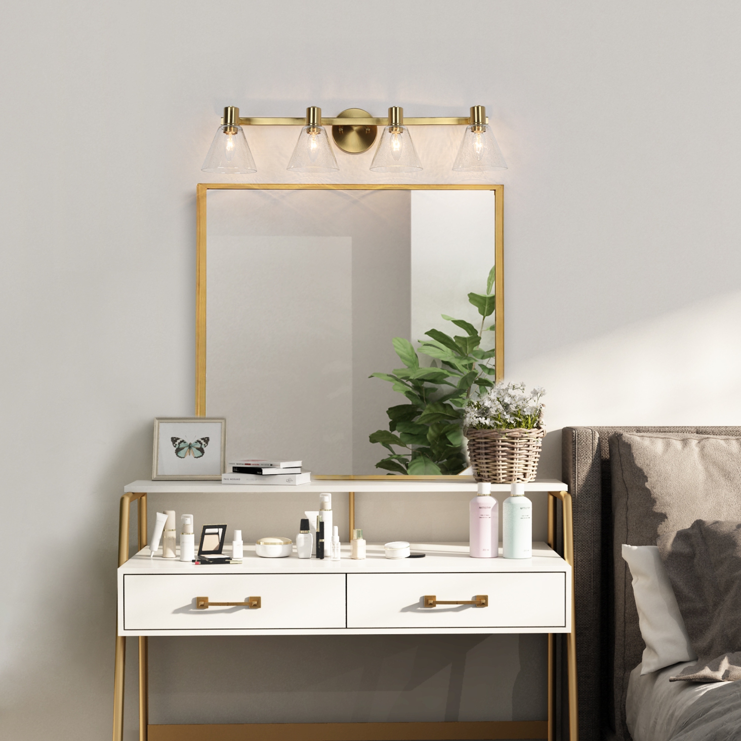 Polished Gold Bathroom Vanity Light, 28.5-in 4-Light Plating Brass and Seeded Glass Shade LED Modern/Contemporary Vanity Light