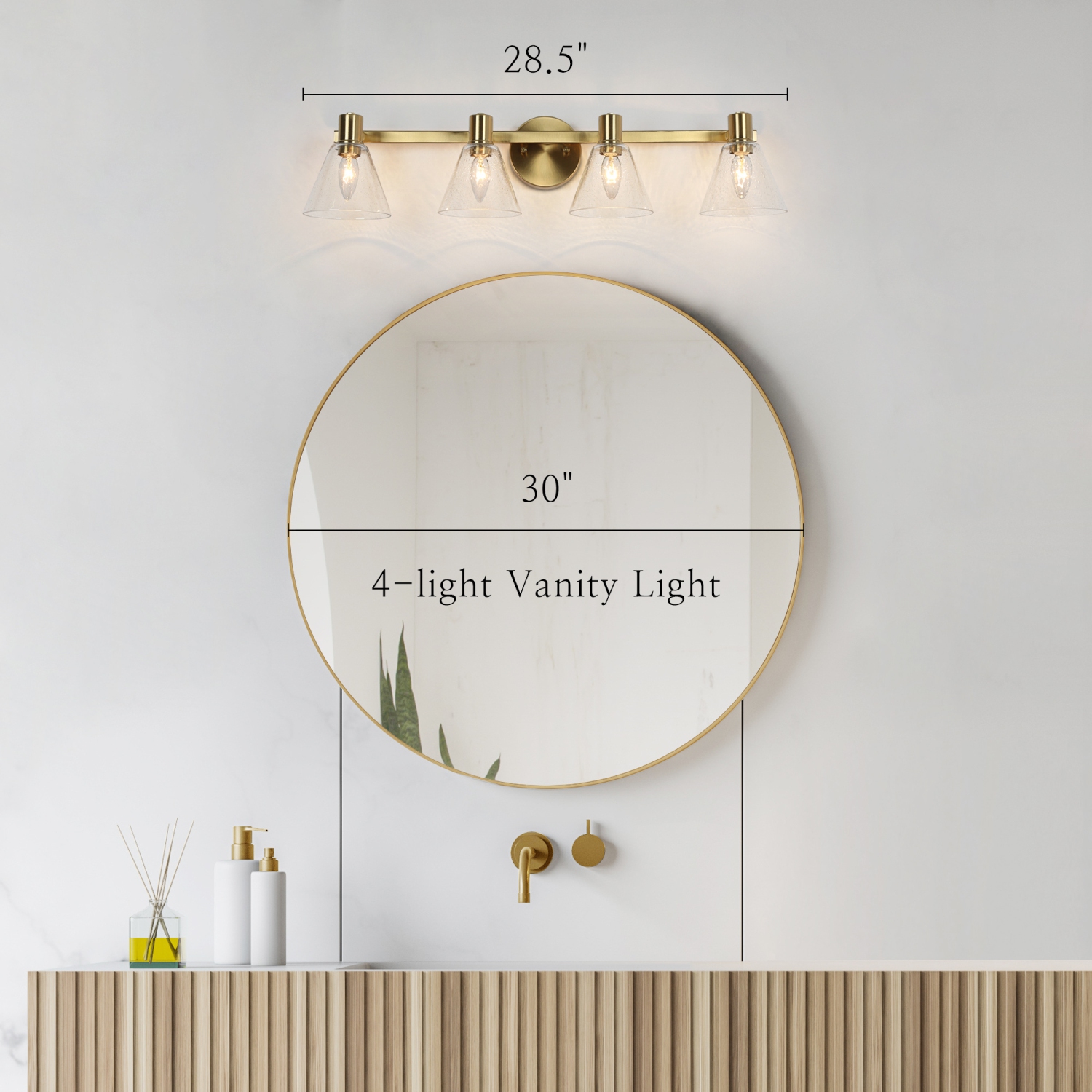 Polished Gold Bathroom Vanity Light, 28.5-in 4-Light Plating Brass and Seeded Glass Shade LED Modern/Contemporary Vanity Light