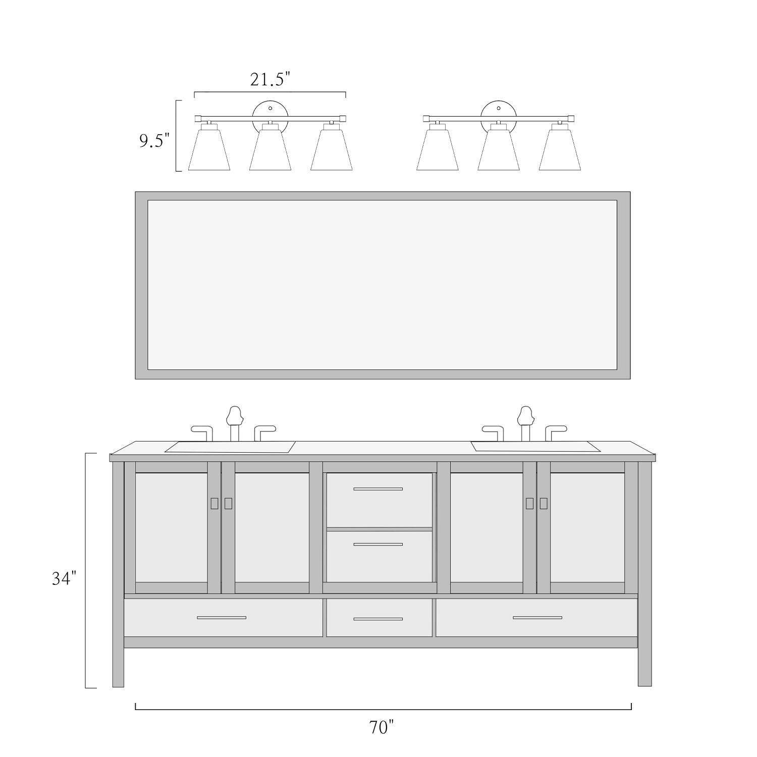 Gold and Polished Gold Bathroom Vanity Light, 21.5-in 3-Light Brass Gold and Black Bell LED Transitional Vanity Light