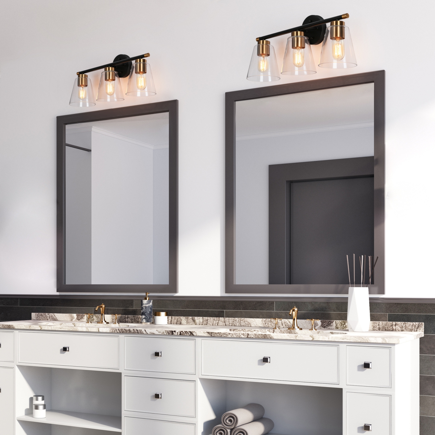 Gold and Polished Gold Bathroom Vanity Light, 21.5-in 3-Light Brass Gold and Black Bell LED Transitional Vanity Light