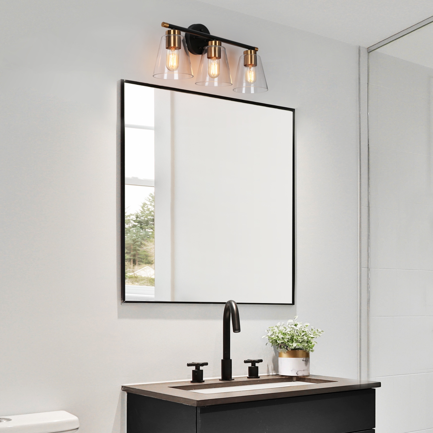 Gold and Polished Gold Bathroom Vanity Light, 21.5-in 3-Light Brass Gold and Black Bell LED Transitional Vanity Light
