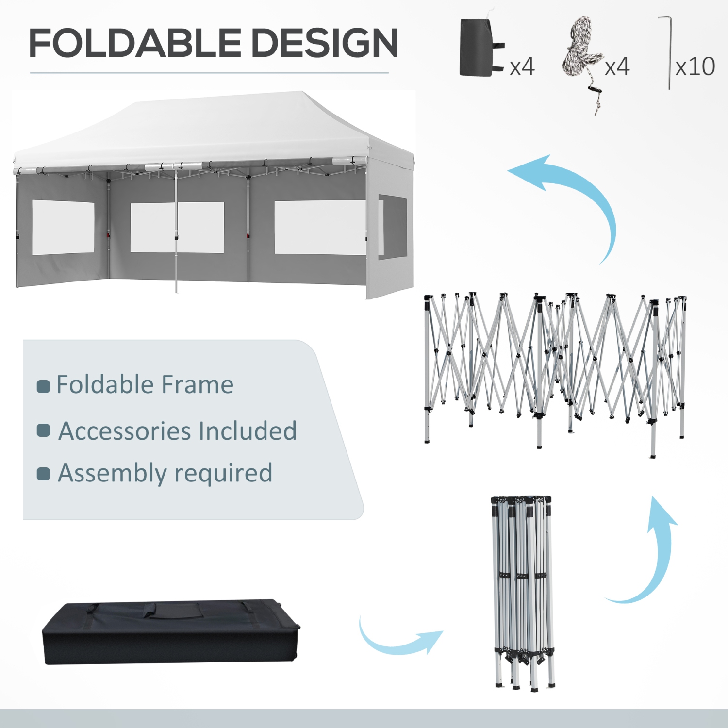 Abri pliant instantané avec parois amovibles, abri escamotable Outsunny, 20 x 10 pi, 6 fenêtres, 4 sacs de sable et sac de transport, blanc