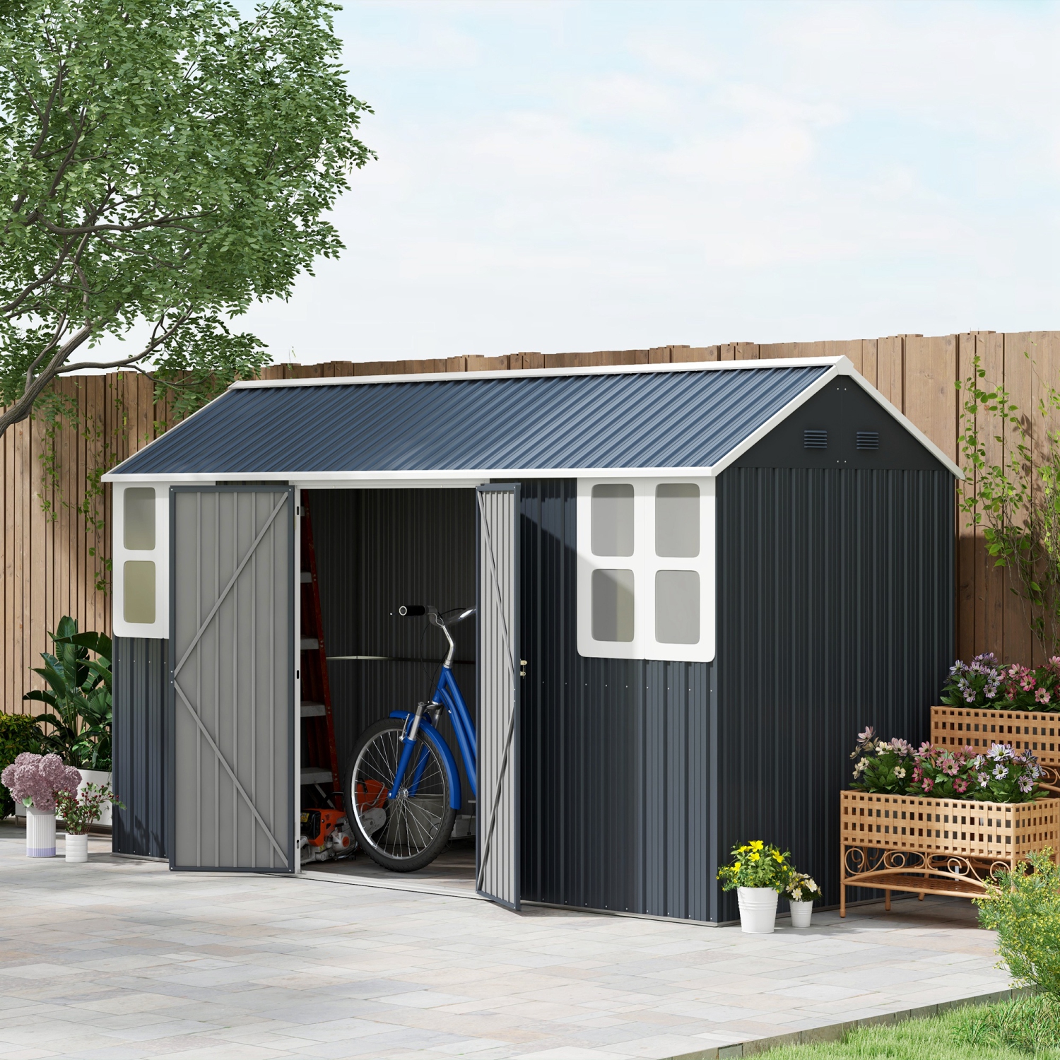 Outsunny 12' x 5.5' Outdoor Storage Shed, Metal Garden Shed Storage House with Window, Lockable Door, Vents, for Backyard, Patio, Lawn, Dark Grey